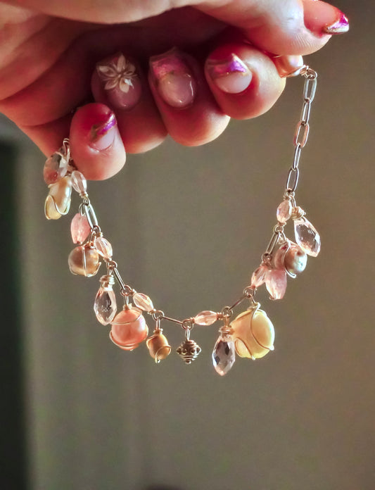 Peonies Bloom Green and Pink Charm Bracelet