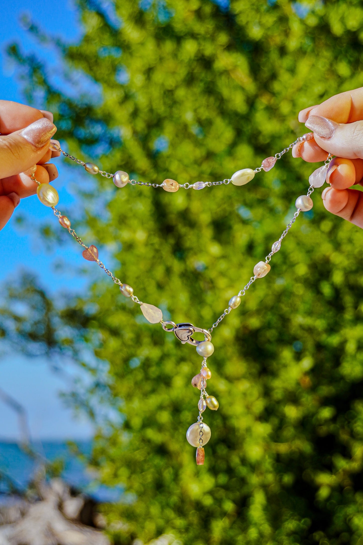 Peonies Bloom Green and Pink Charm Necklace