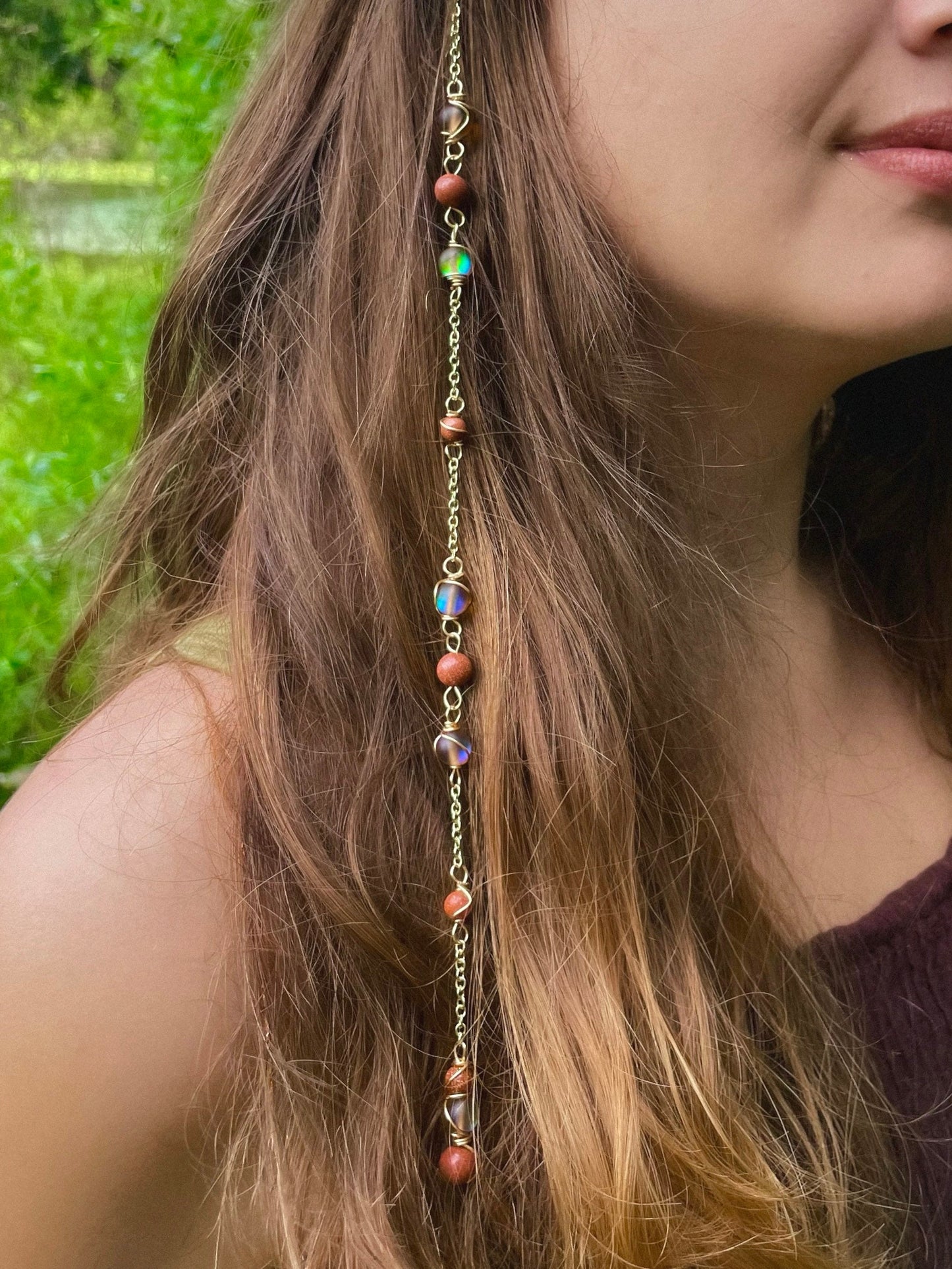 Mars Goddess Hippie Hair Bead | Dangling Hair Accessory | Renaissance Beaded Hair Clip | Crystal Hair Chain | Cottage Core | Crystal Hair