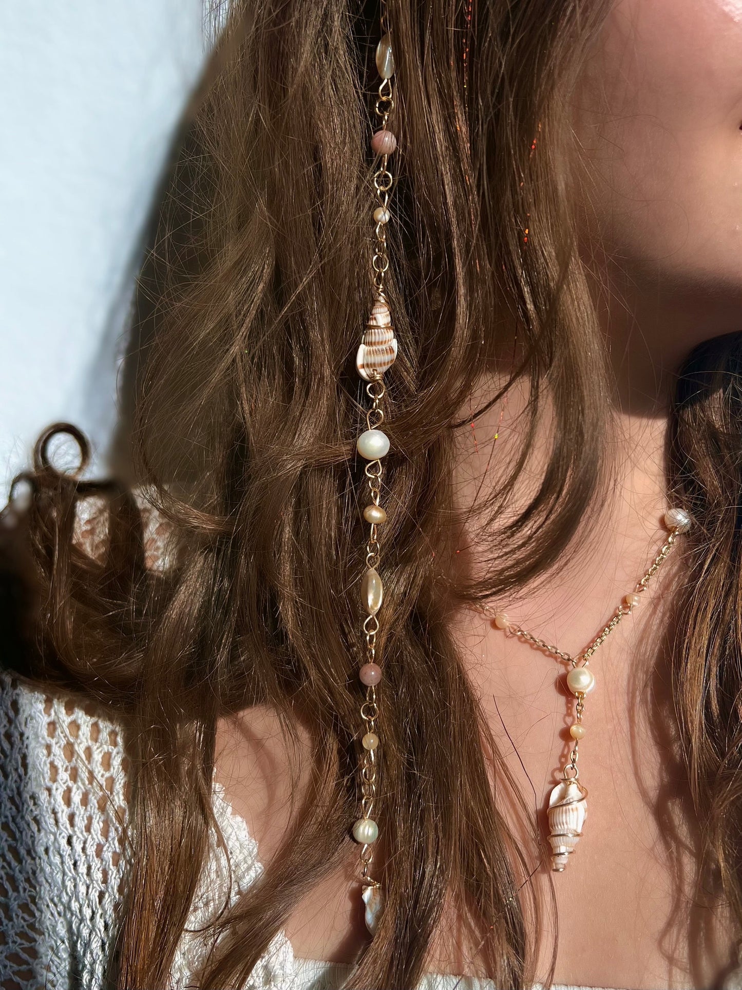 Gabriella Seashell Hippie Hair Bead | Dangling Hair Accessory | Beaded Hair Clip | Crystal Hair Charm | Mermaid Core | Seashell Hair Jewelry