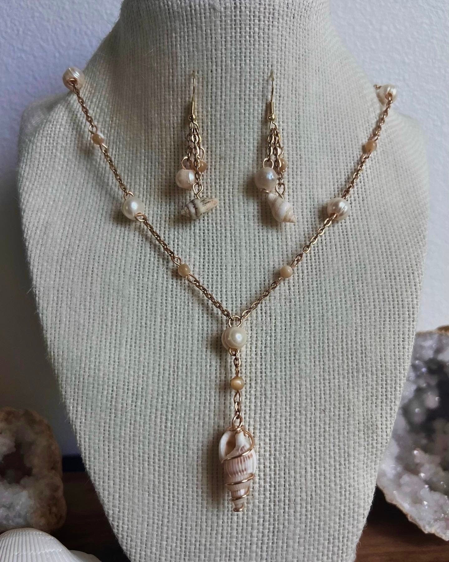 Handmade Athena Seashell Pearl Necklace and Earrings | Beachy Dainty Shell Jewelry | Elegant Pearl Necklace | Mermaid Shell Jewelry Set