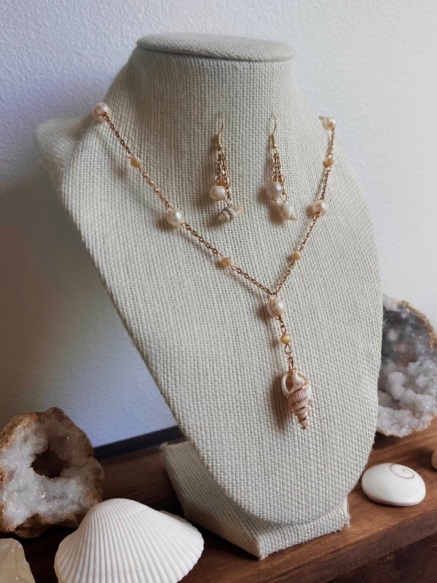 Handmade Athena Seashell Pearl Necklace and Earrings | Beachy Dainty Shell Jewelry | Elegant Pearl Necklace | Mermaid Shell Jewelry Set