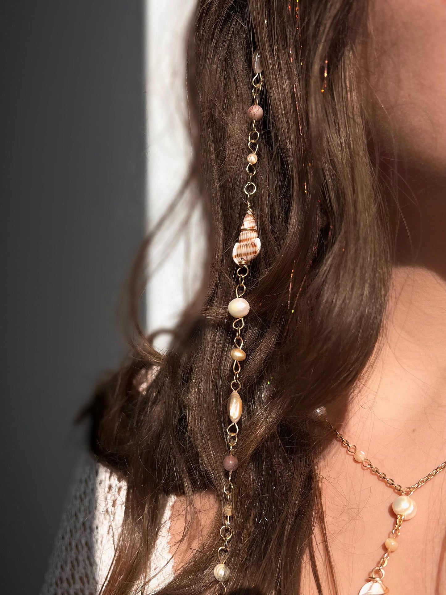 Gabriella Seashell Hippie Hair Bead | Dangling Hair Accessory | Beaded Hair Clip | Crystal Hair Charm | Mermaid Core | Seashell Hair Jewelry