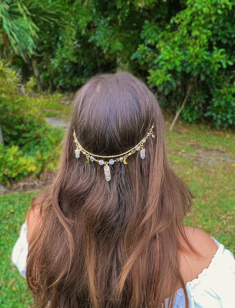 Hectate Crown Crystal Dangling Hair Clip | Clear Quartz Head Jewelry | Fairy Crystal Hair Charm | Unique Gift | Crystal Hair Chain