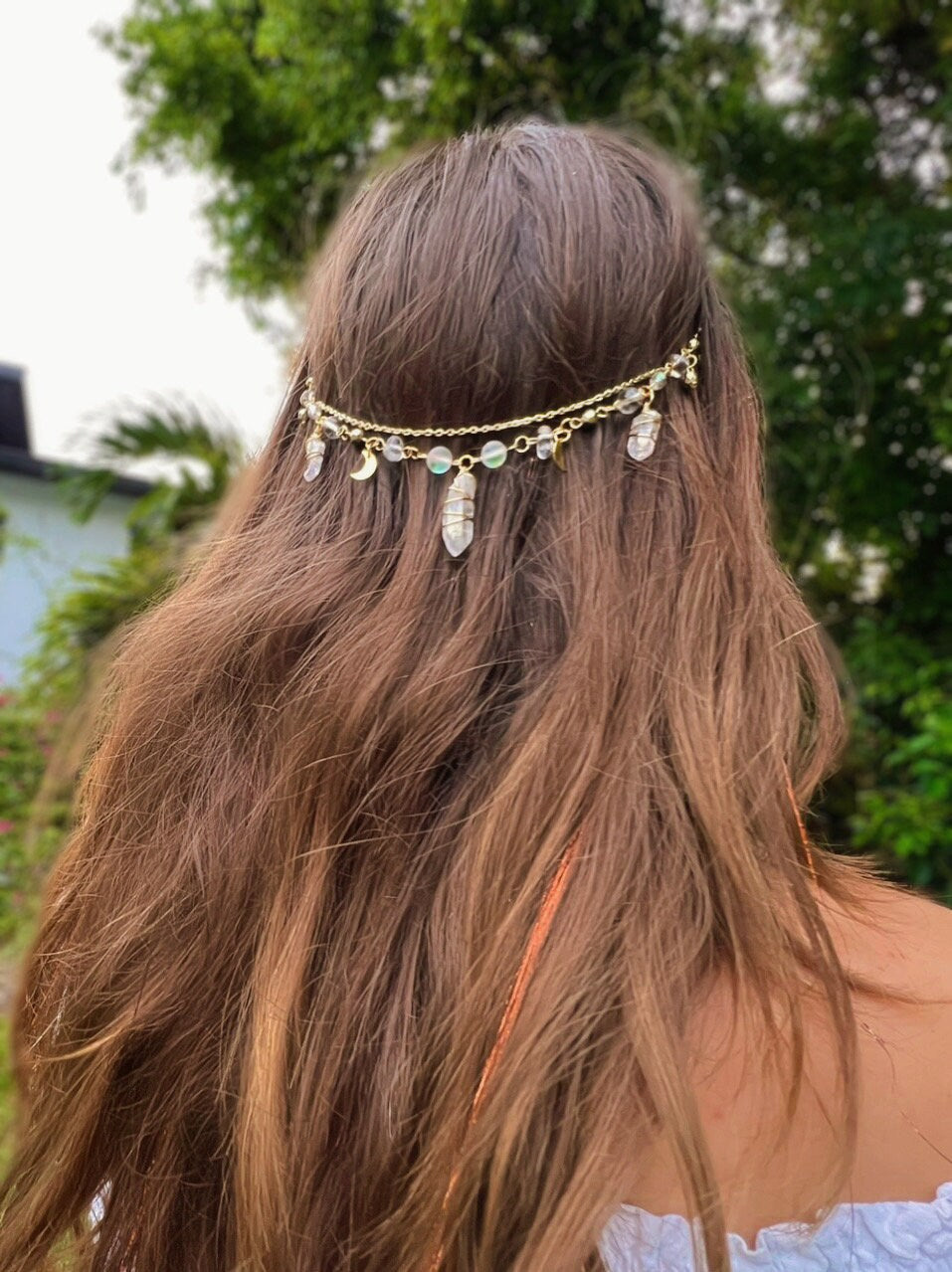 Hectate Crown Crystal Dangling Hair Clip | Clear Quartz Head Jewelry | Fairy Crystal Hair Charm | Unique Gift | Crystal Hair Chain