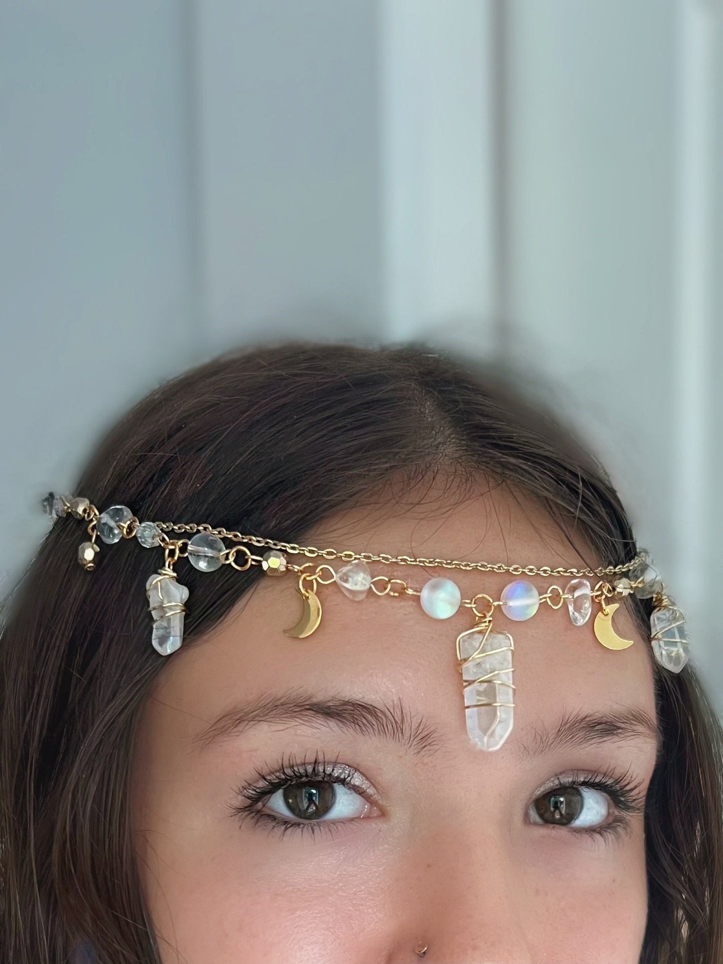 Hectate Crown Crystal Dangling Hair Clip | Clear Quartz Head Jewelry | Fairy Crystal Hair Charm | Unique Gift | Crystal Hair Chain