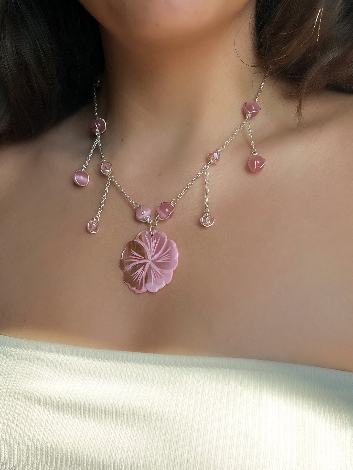Aloha Pink Necklace Gold/Silver | Unique Hibiscus Jewelry | Mother of Pearl Necklace | Elegant Statement Piece | Flower Necklace