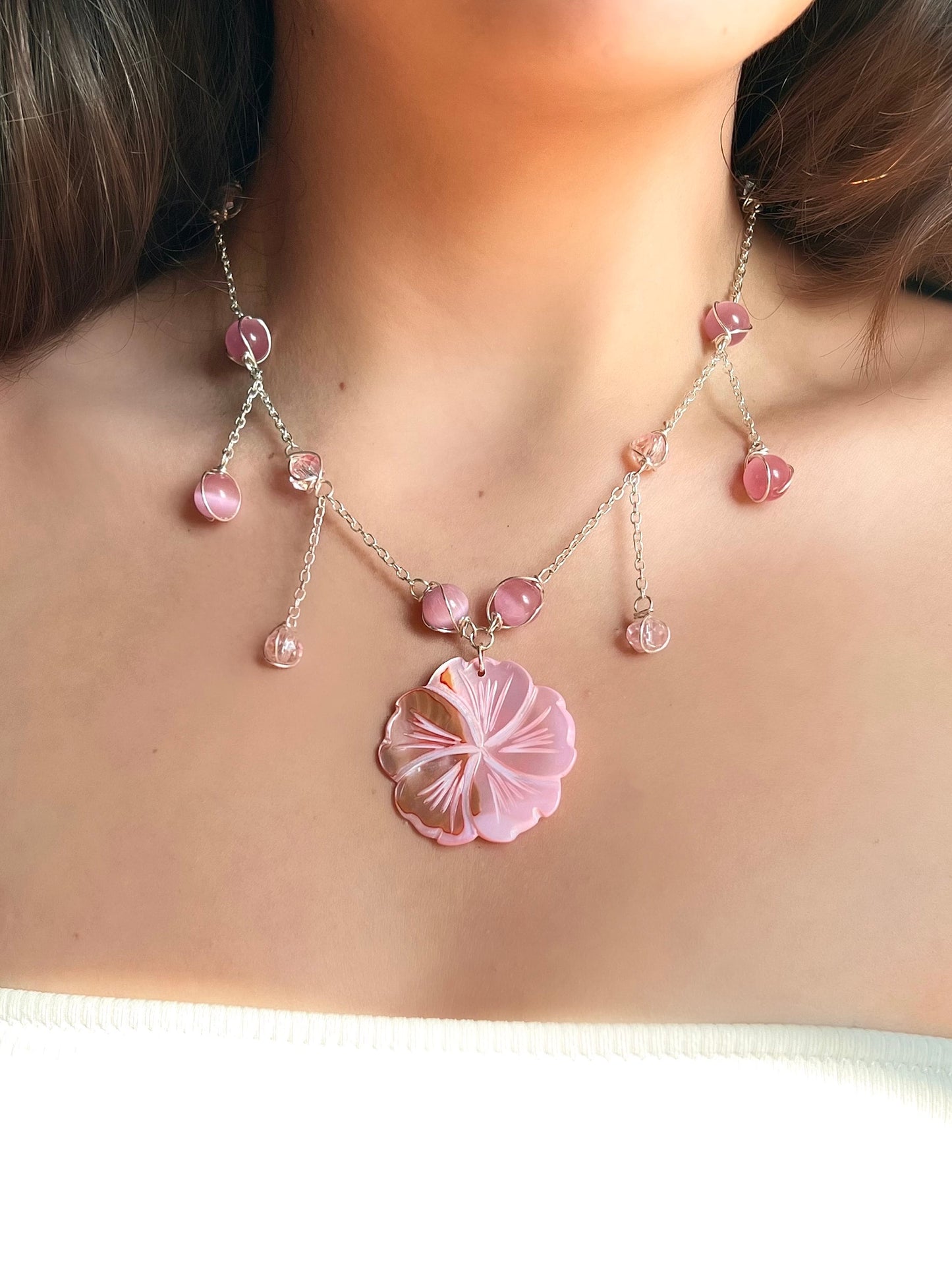 Aloha Pink Necklace Gold/Silver | Unique Hibiscus Jewelry | Mother of Pearl Necklace | Elegant Statement Piece | Flower Necklace