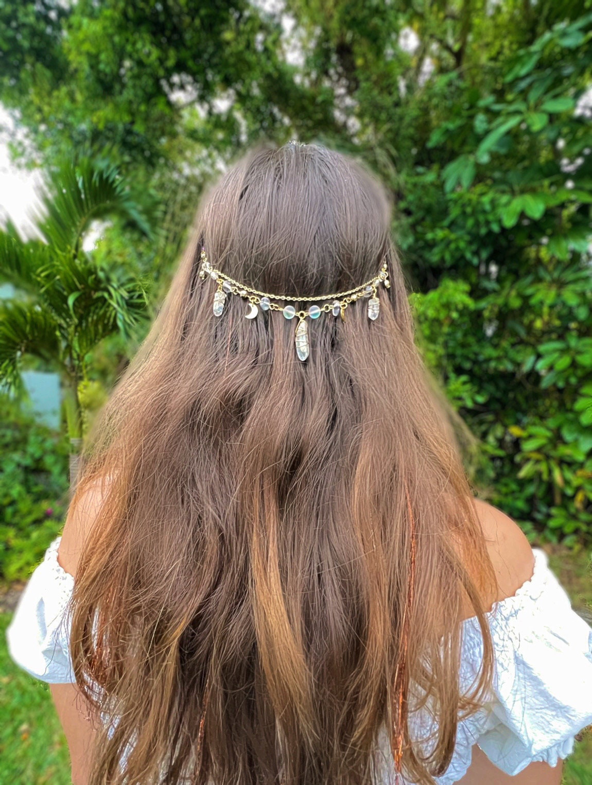 Hectate Crown Crystal Dangling Hair Clip | Clear Quartz Head Jewelry | Fairy Crystal Hair Charm | Unique Gift | Crystal Hair Chain