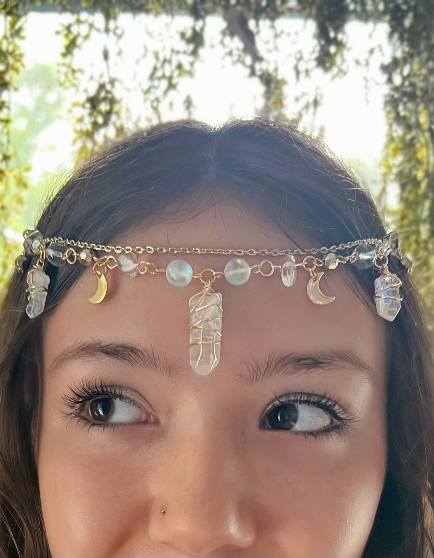 Hectate Crown Crystal Dangling Hair Clip | Clear Quartz Head Jewelry | Fairy Crystal Hair Charm | Unique Gift | Crystal Hair Chain