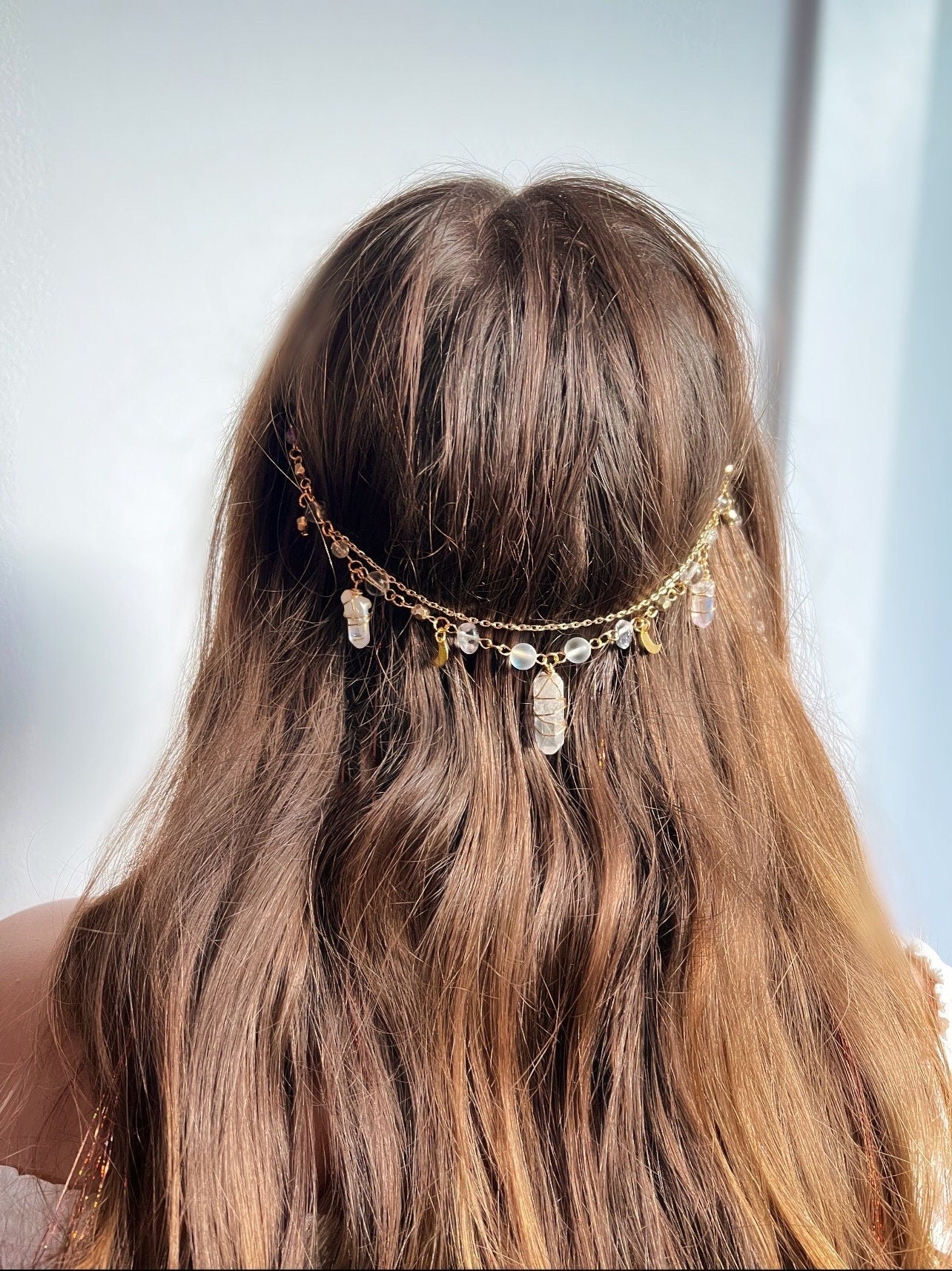 Hectate Crown Crystal Dangling Hair Clip | Clear Quartz Head Jewelry | Fairy Crystal Hair Charm | Unique Gift | Crystal Hair Chain