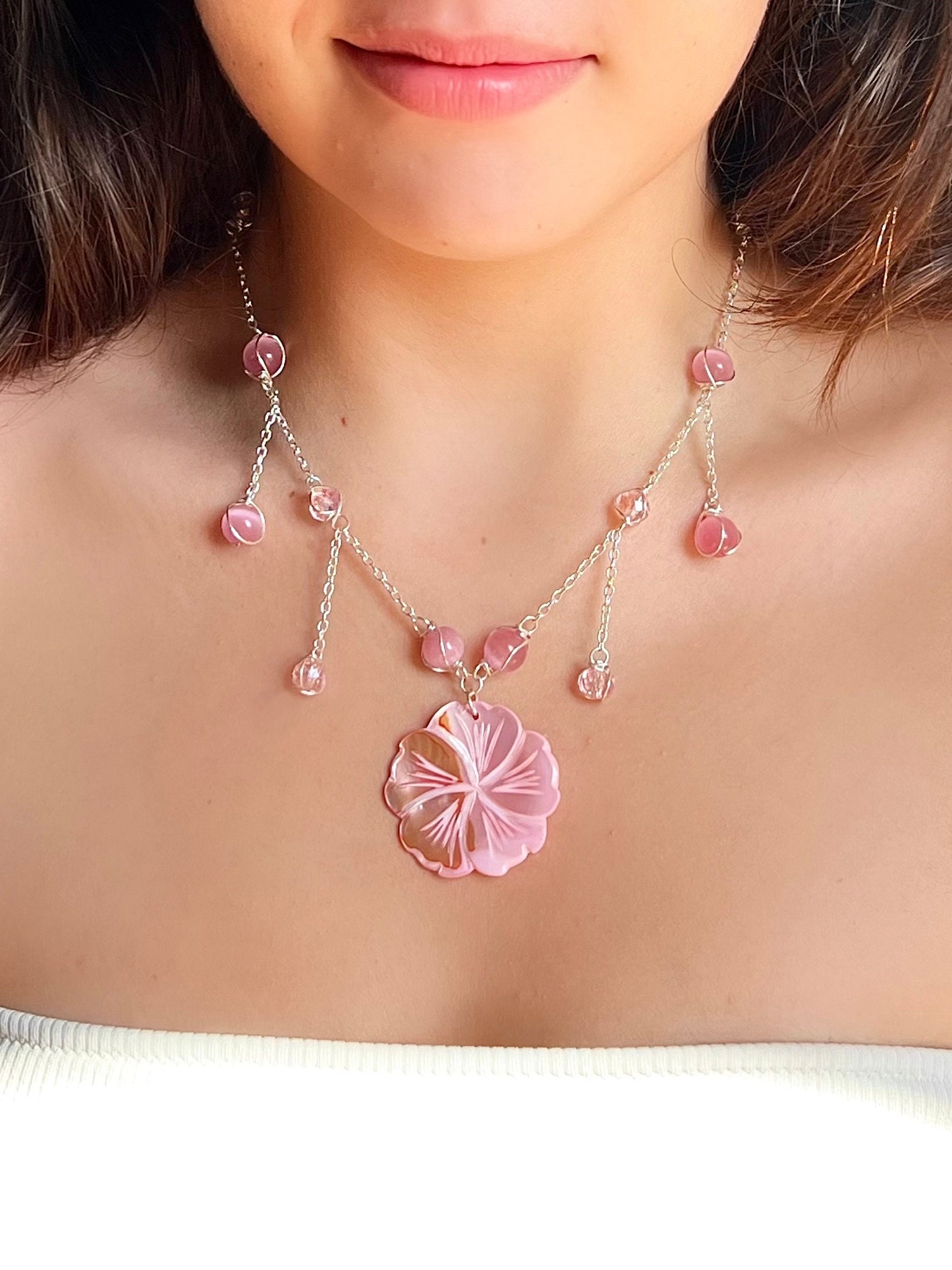 Aloha Pink Necklace Gold/Silver | Unique Hibiscus Jewelry | Mother of Pearl Necklace | Elegant Statement Piece | Flower Necklace