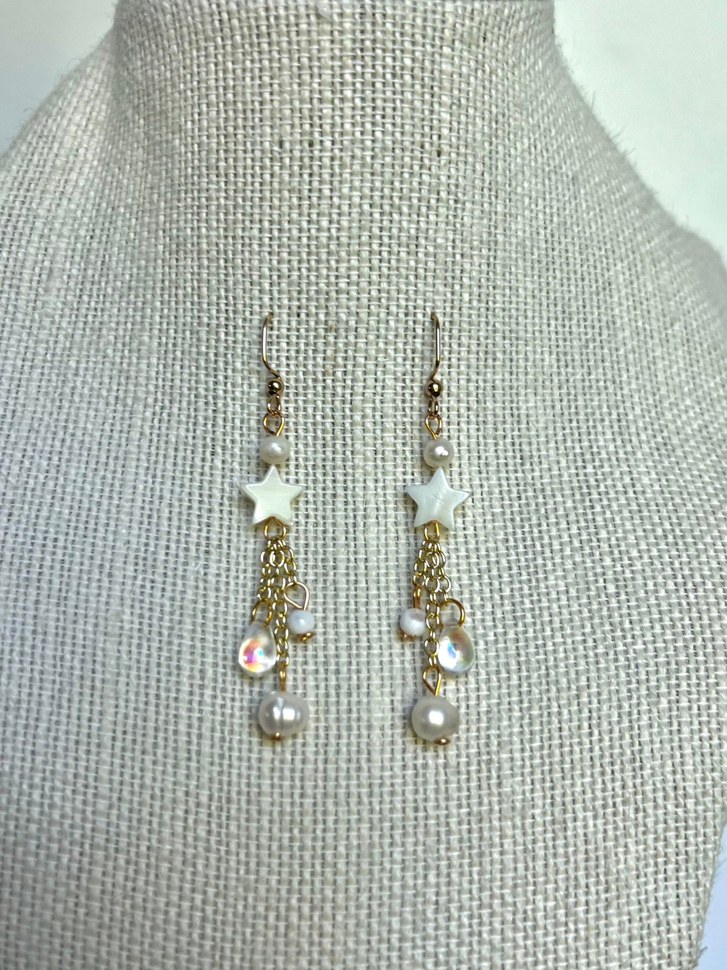 White Dangle Star Crystal Earrings | Custom Crystal Earrings | Gold/Silver Hippie Crystal Earrings l Pearl Dangly Earrings