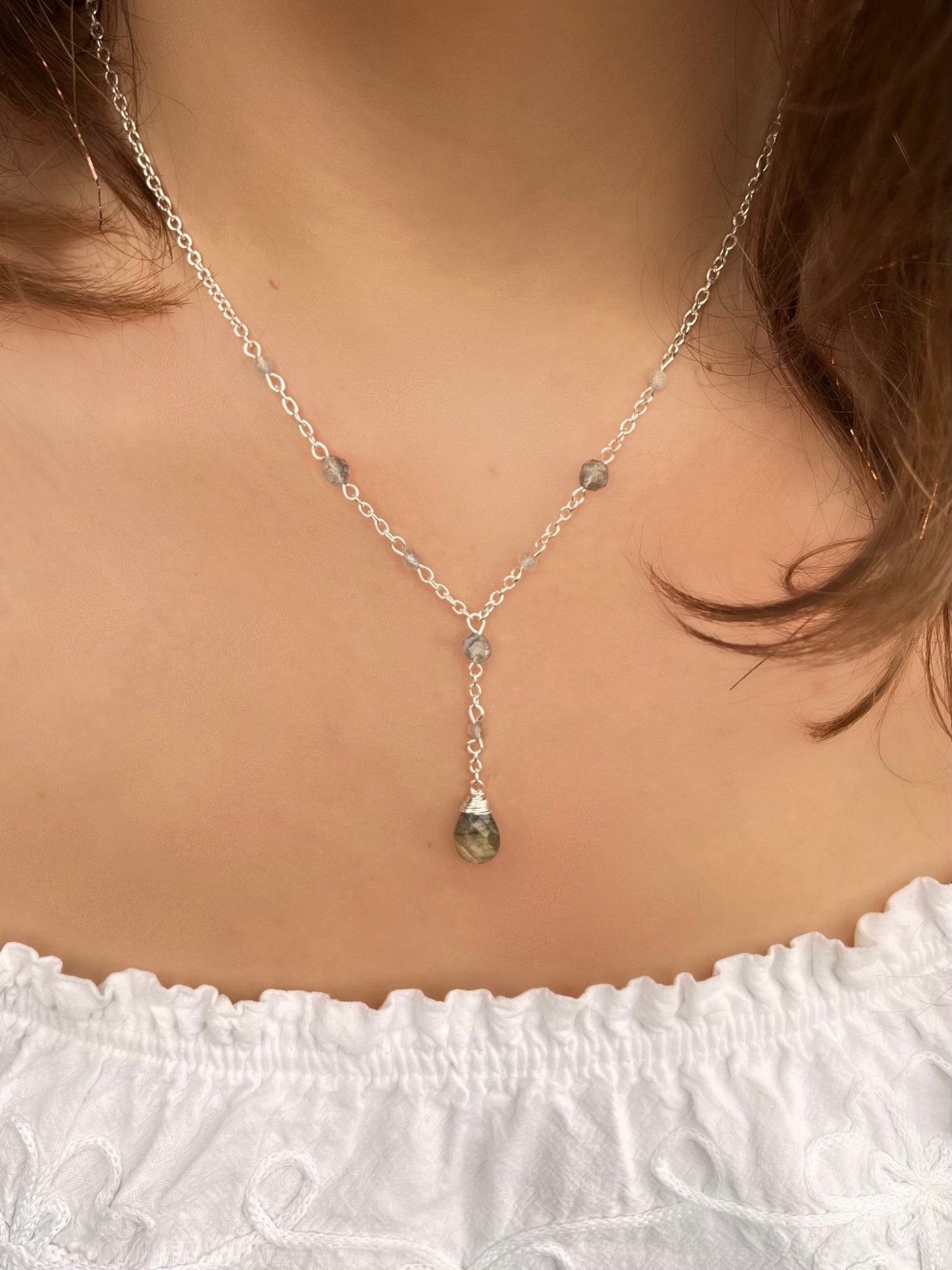 Natural Labradorite Teardrop Necklace | Dainty Labradorite Necklace | Sterling Silver & Gold Delicate Drop Necklace | Handmade | Affordable
