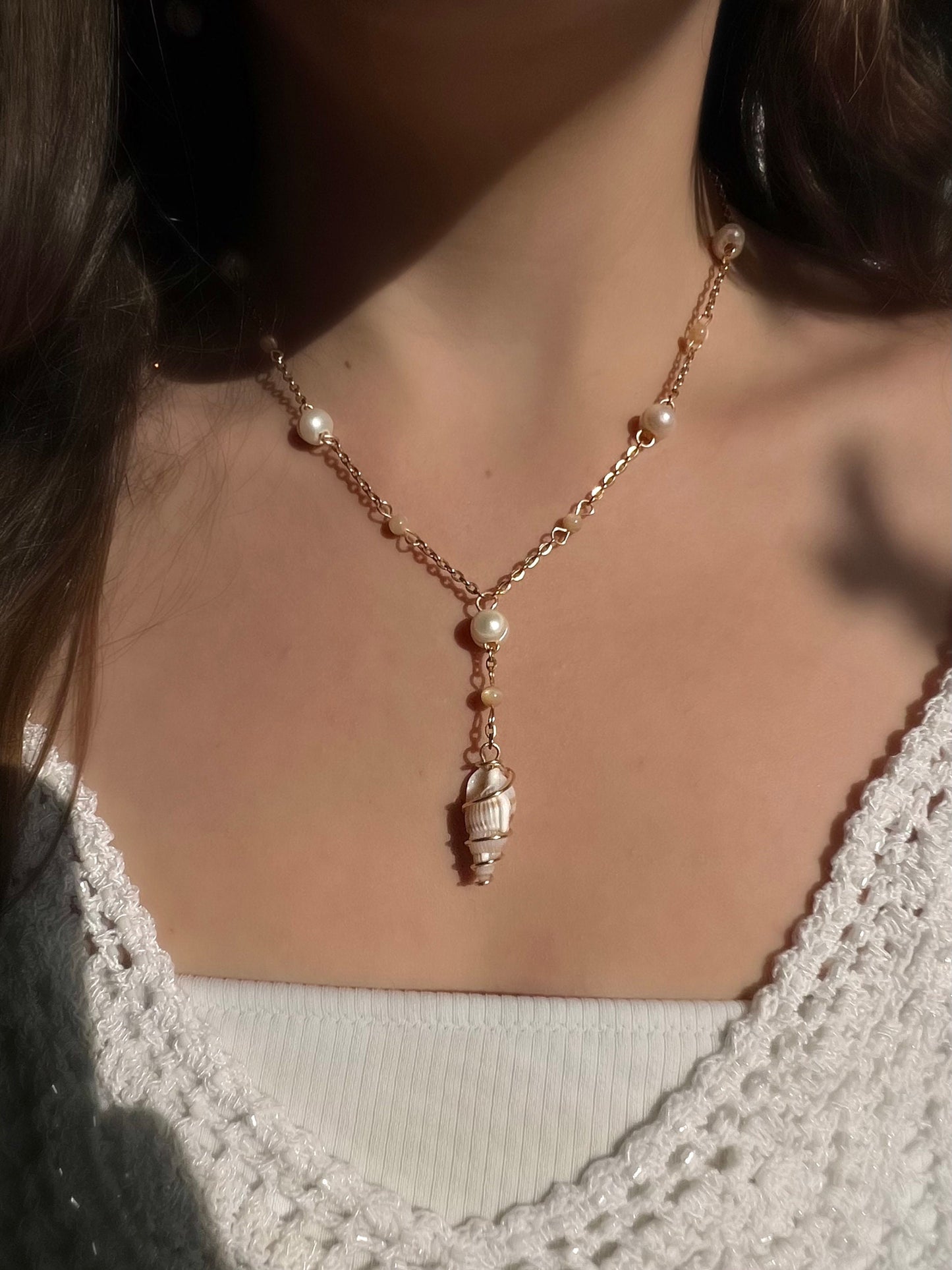 Handmade Athena Seashell Pearl Necklace and Earrings | Beachy Dainty Shell Jewelry | Elegant Pearl Necklace | Mermaid Shell Jewelry Set