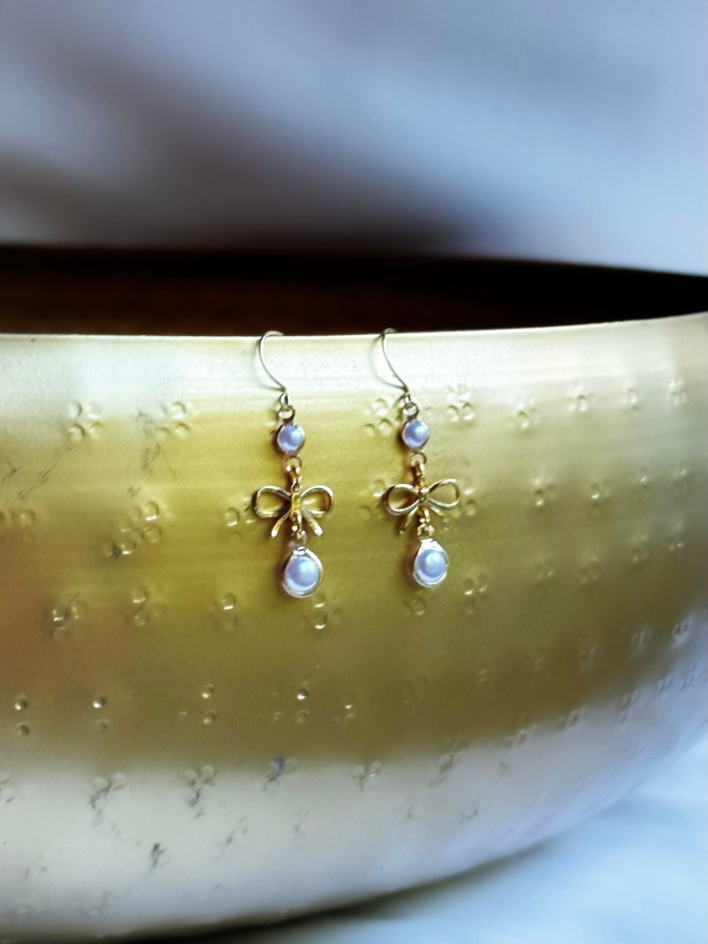Pearl Dangle Bow Earrings | Custom Pearl Bow Earrings | Gold Dainty Crystal Earrings l Pearl Dangly Earrings | Coquette Pearl Earrings