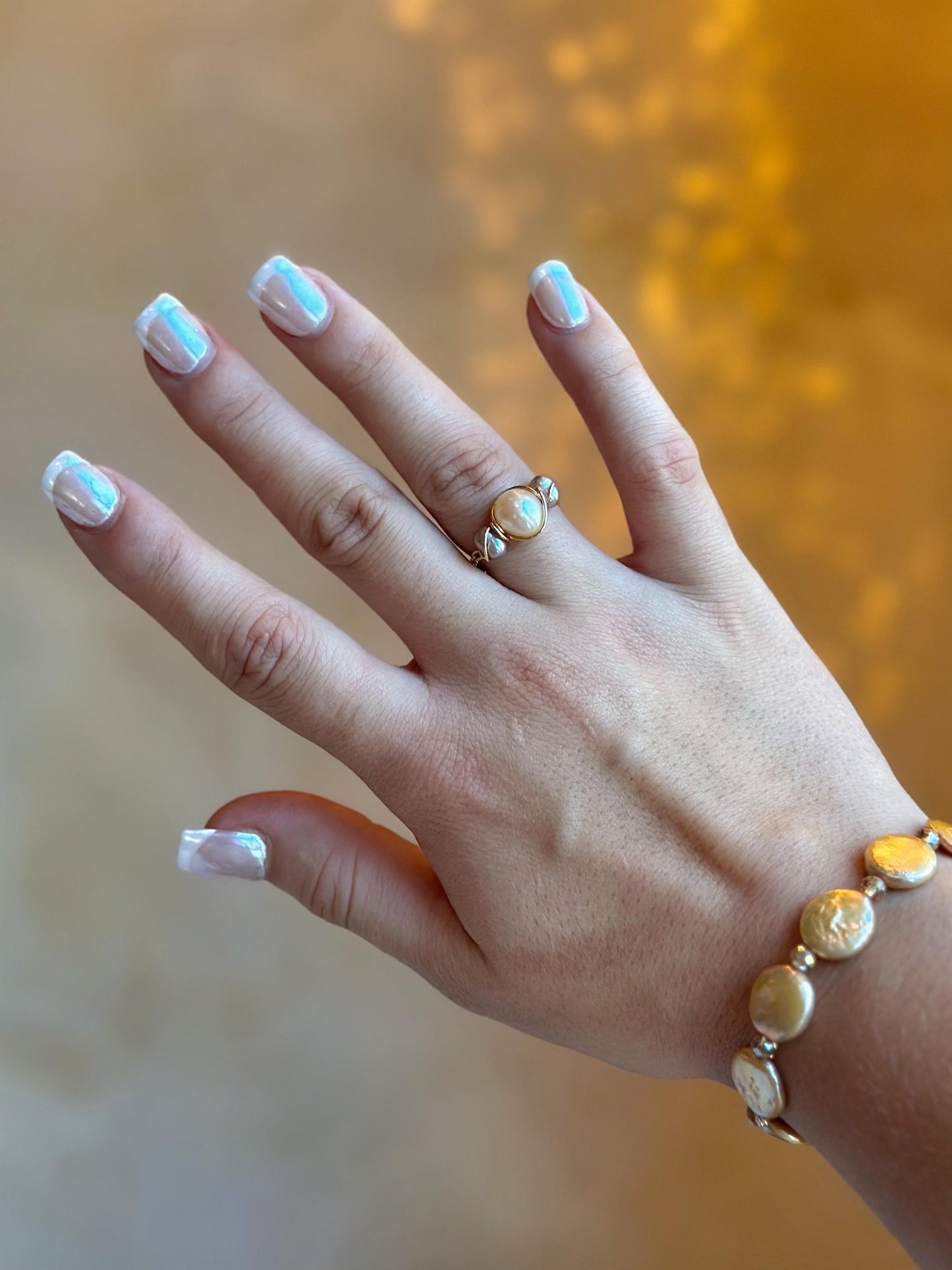 Unique Colored Pearl Chain Ring, Non-Tarnishing Ring, Pearl Jewelry, Mermaid Aesthetic Ring, Ocean Themed Jewelry, Handmade Pearl Ring