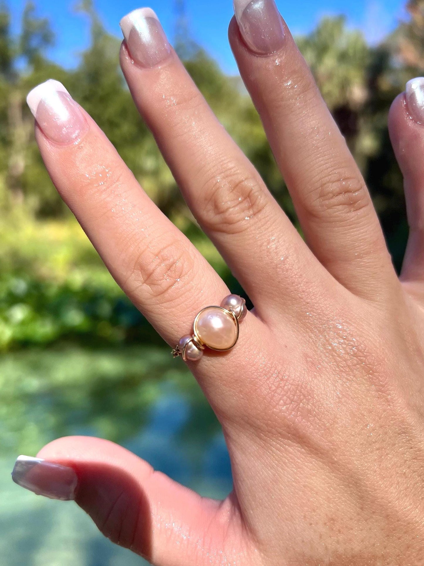 Unique Colored Pearl Chain Ring, Non-Tarnishing Ring, Pearl Jewelry, Mermaid Aesthetic Ring, Ocean Themed Jewelry, Handmade Pearl Ring