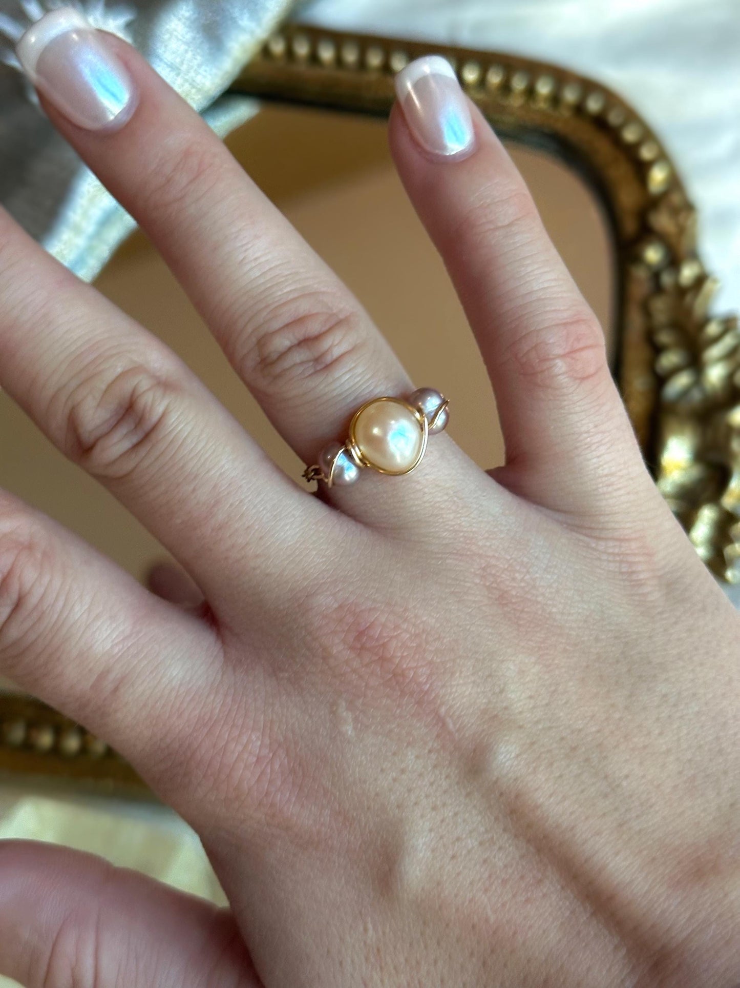 Unique Colored Pearl Chain Ring, Non-Tarnishing Ring, Pearl Jewelry, Mermaid Aesthetic Ring, Ocean Themed Jewelry, Handmade Pearl Ring
