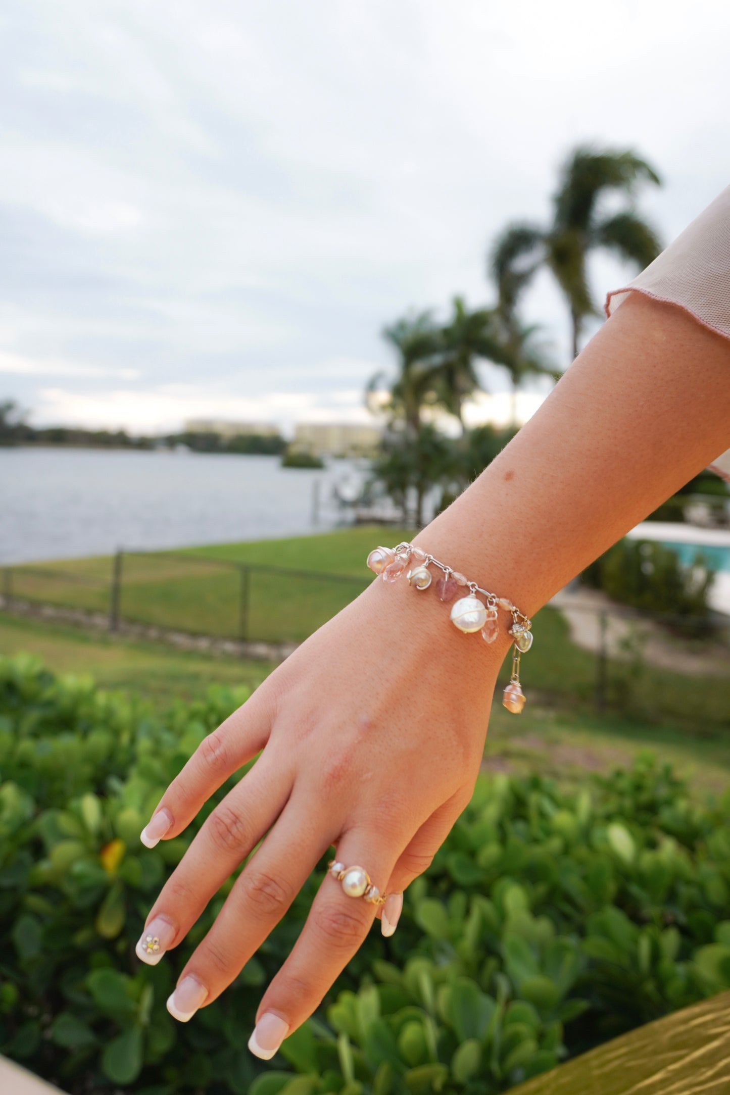 Peonies Bloom Green and Pink Charm Bracelet