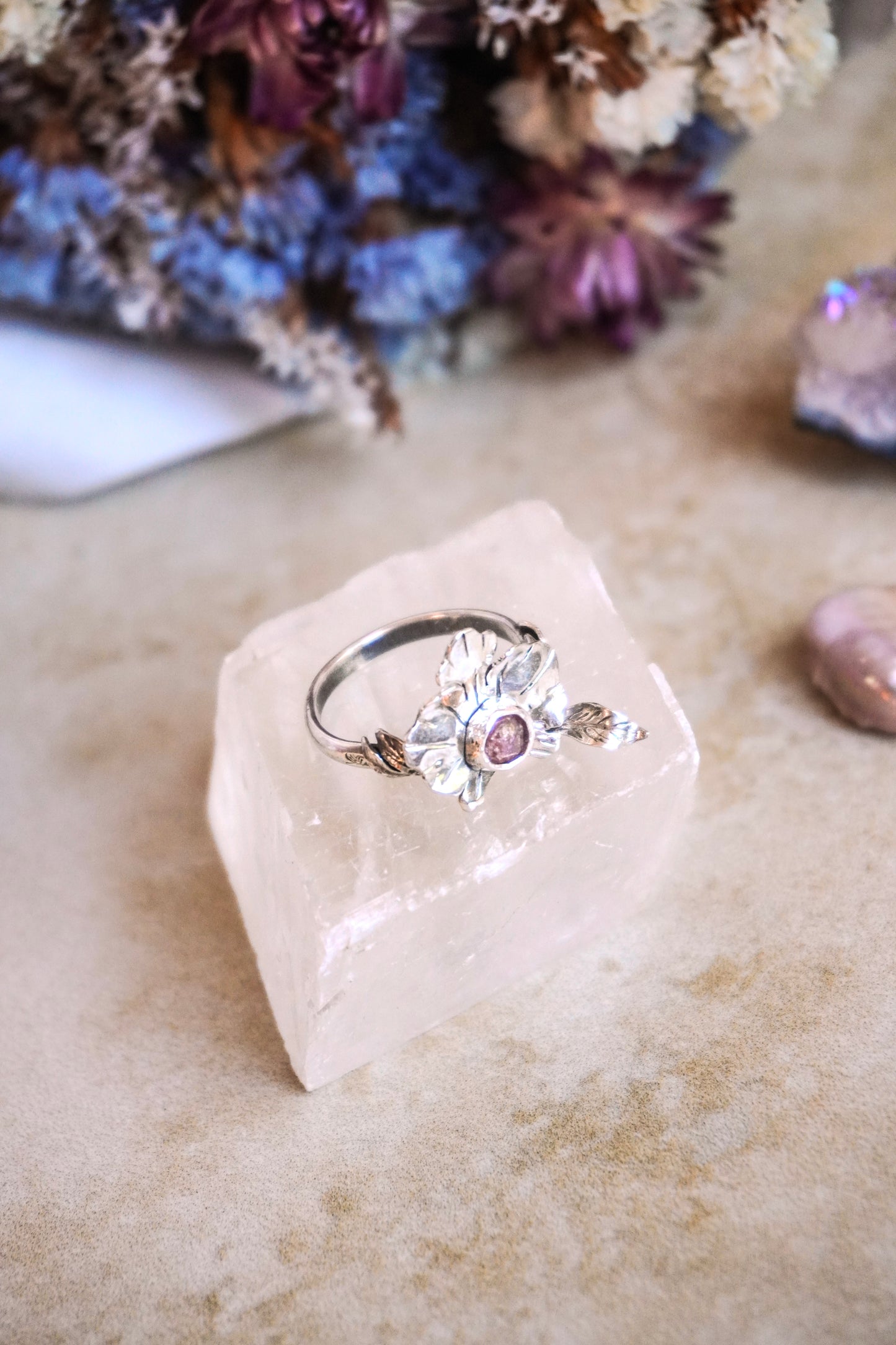 .925 Sterling Silver Orchid Rings with Dangle Leaf