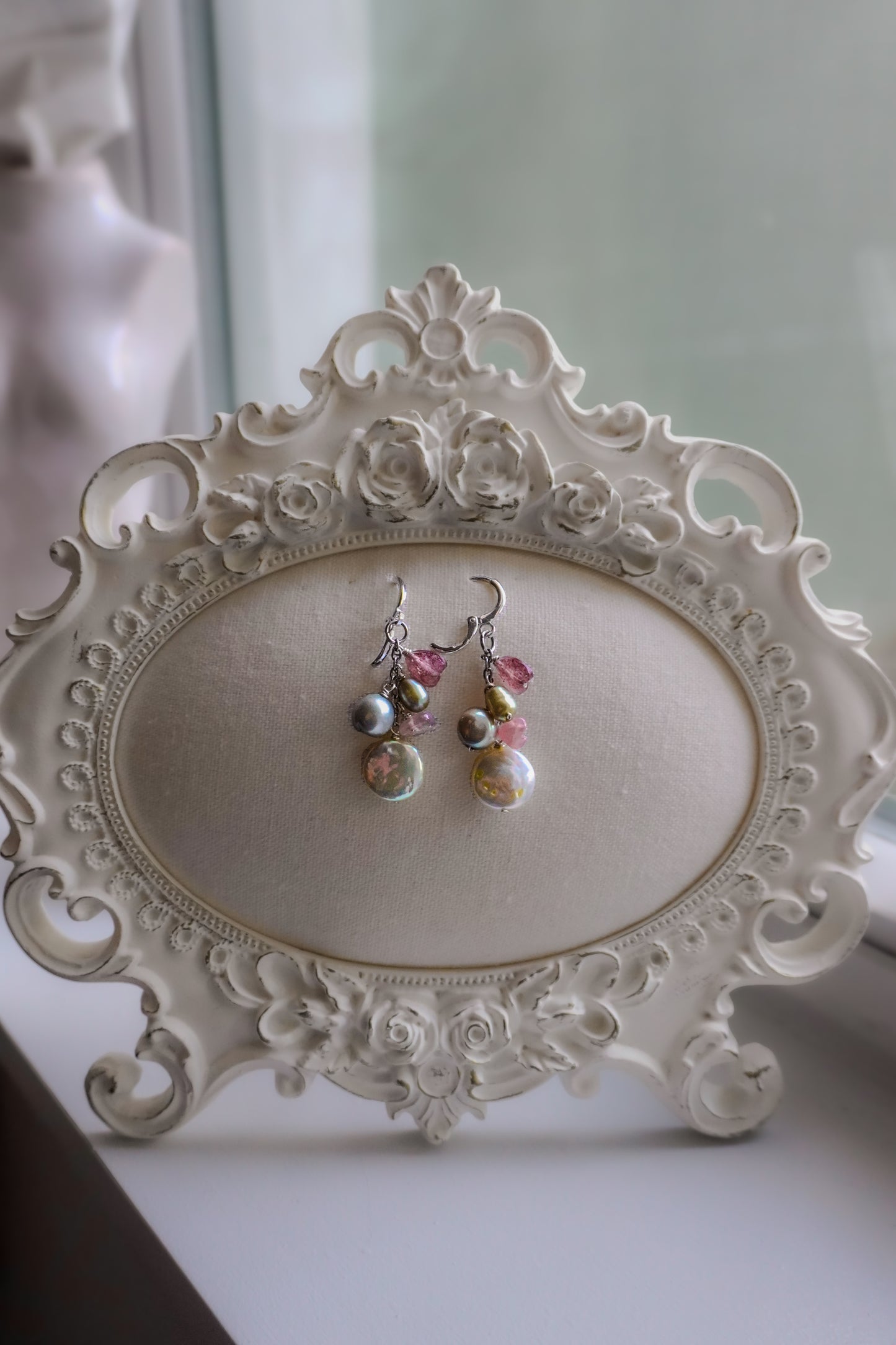 Peonies Bloom Green and Pink Earrings