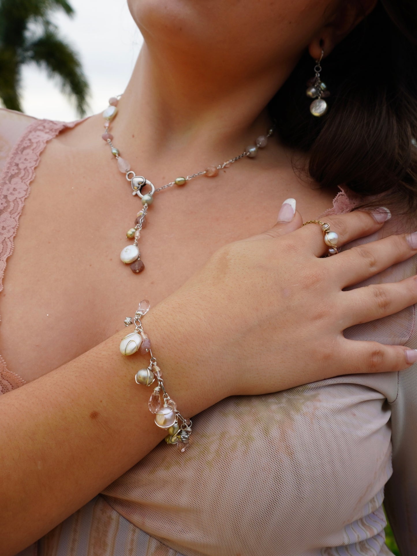 Peonies Bloom Green and Pink Charm Bracelet