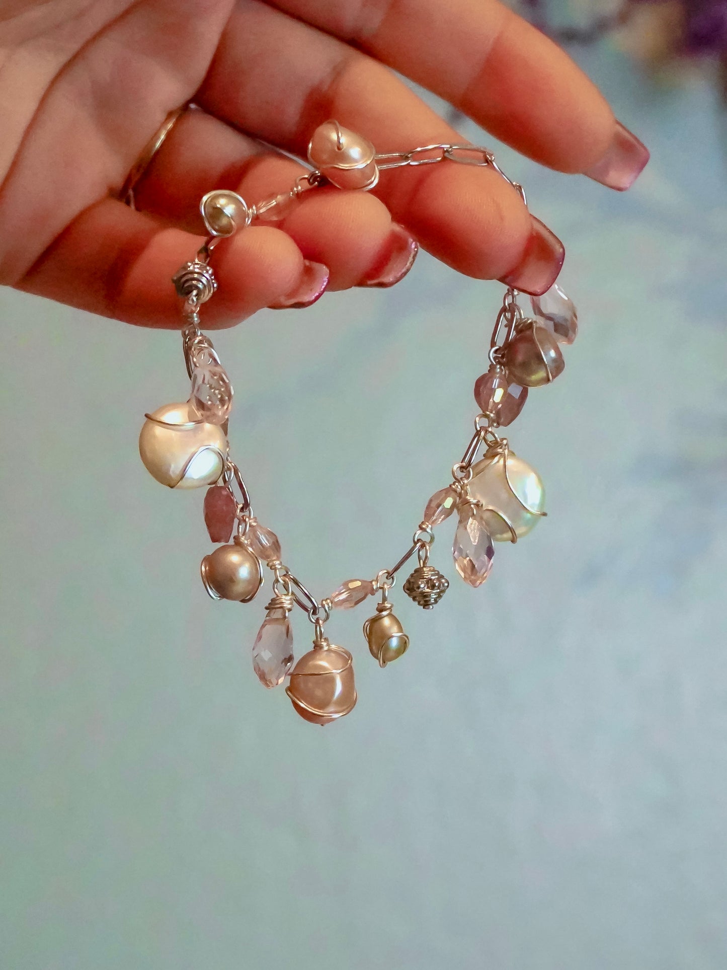 Peonies Bloom Green and Pink Charm Bracelet