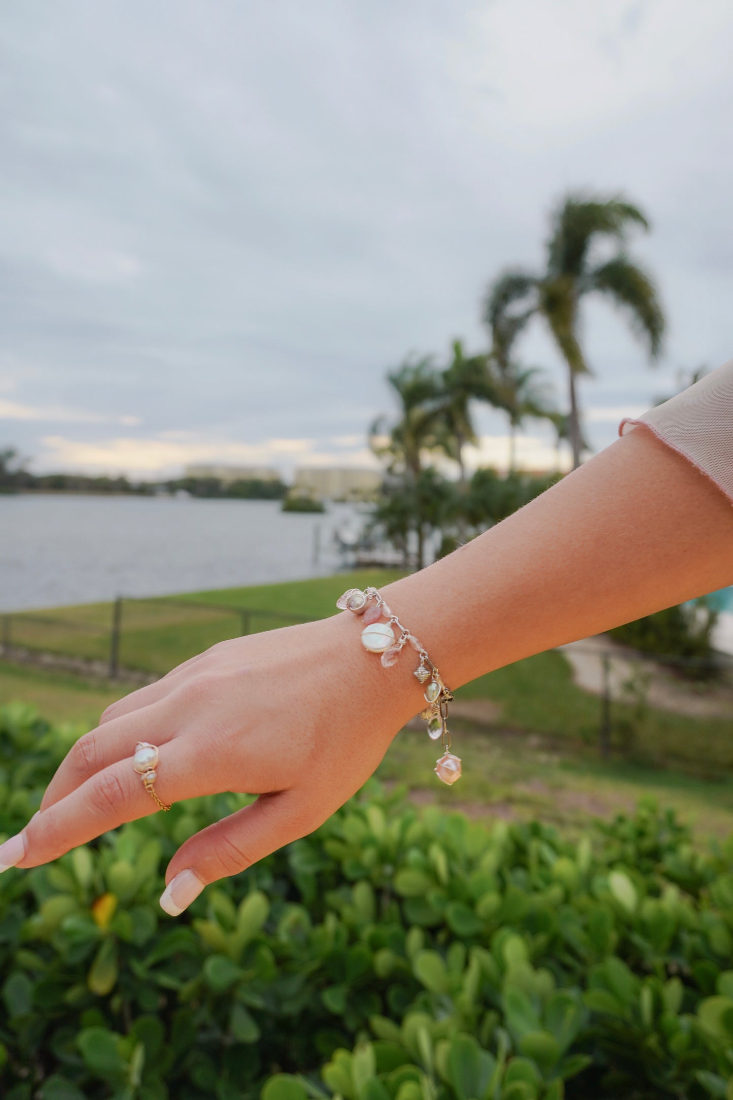 Peonies Bloom Green and Pink Charm Bracelet