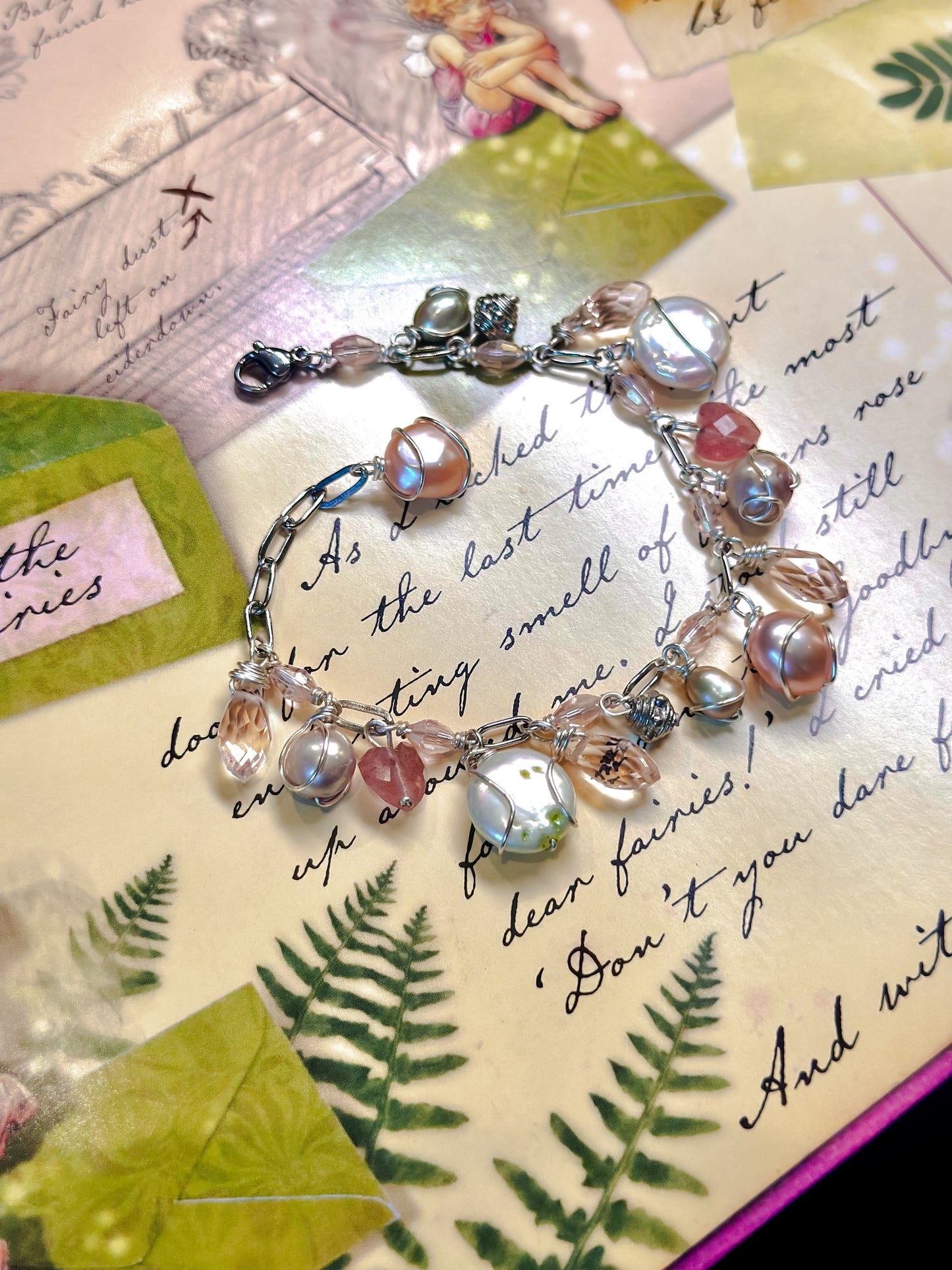 Peonies Bloom Green and Pink Charm Bracelet