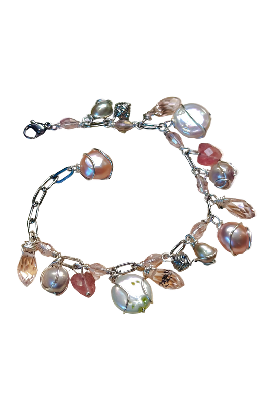 Peonies Bloom Green and Pink Charm Bracelet