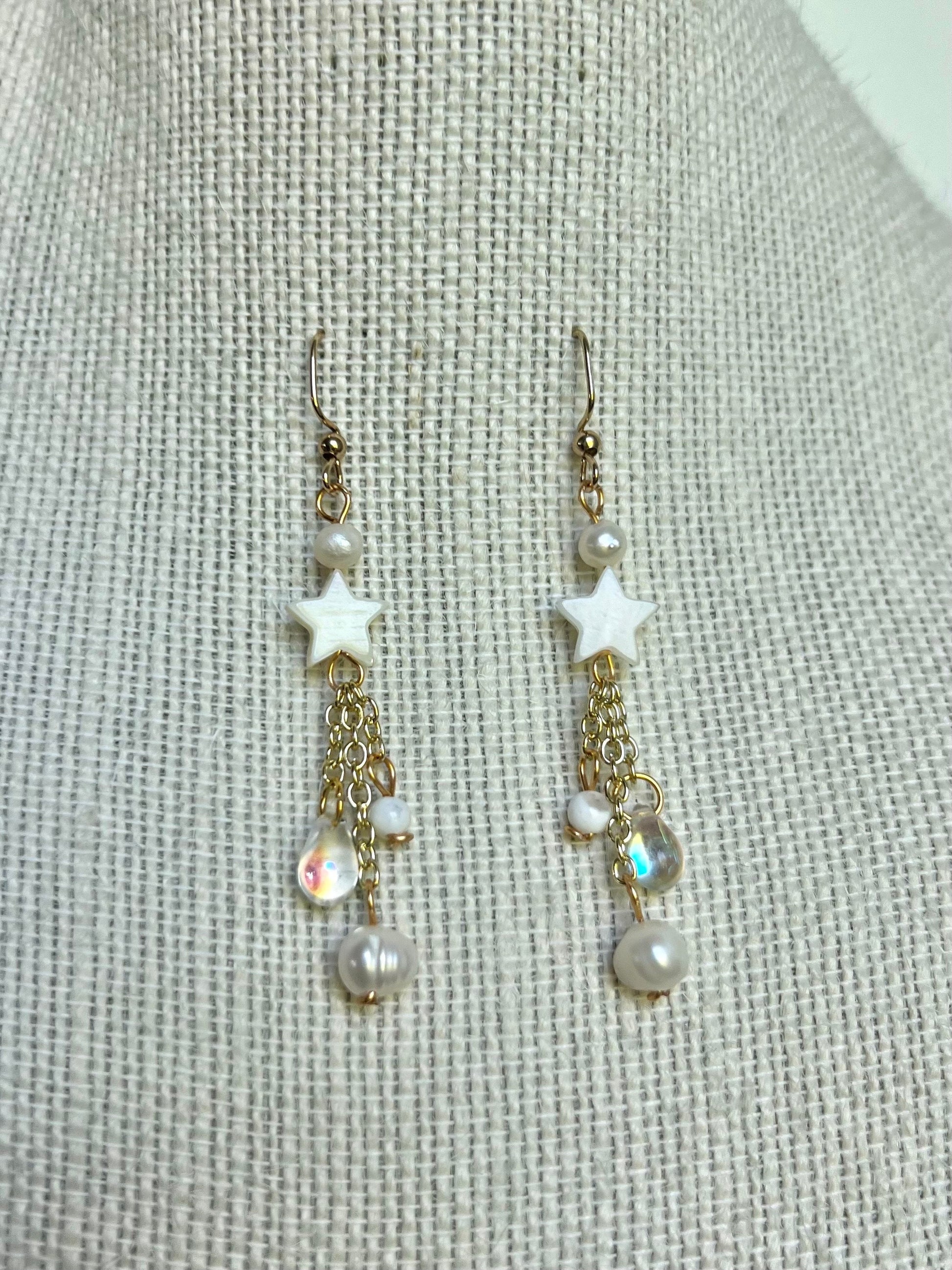 White Dangle Star Crystal Earrings | Custom Crystal Earrings | Gold/Silver Hippie Crystal Earrings l Pearl Dangly Earrings