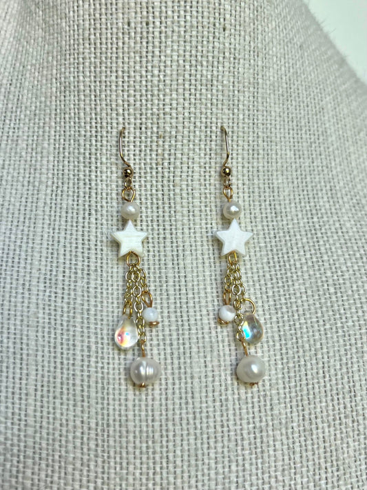 White Dangle Star Crystal Earrings | Custom Crystal Earrings | Gold/Silver Hippie Crystal Earrings l Pearl Dangly Earrings