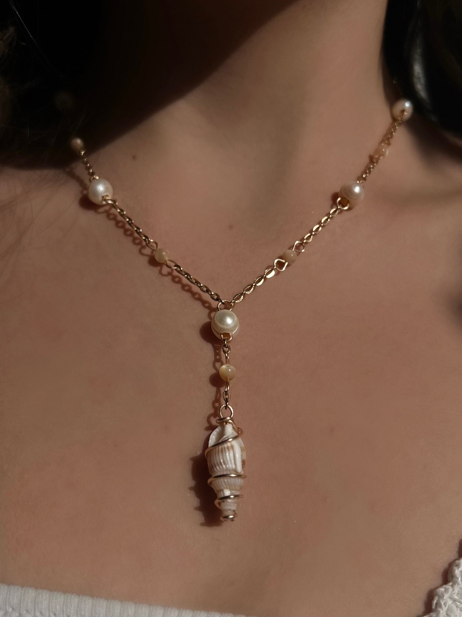 Handmade Athena Seashell Pearl Necklace and Earrings | Beachy Dainty Shell Jewelry | Elegant Pearl Necklace | Mermaid Shell Jewelry Set