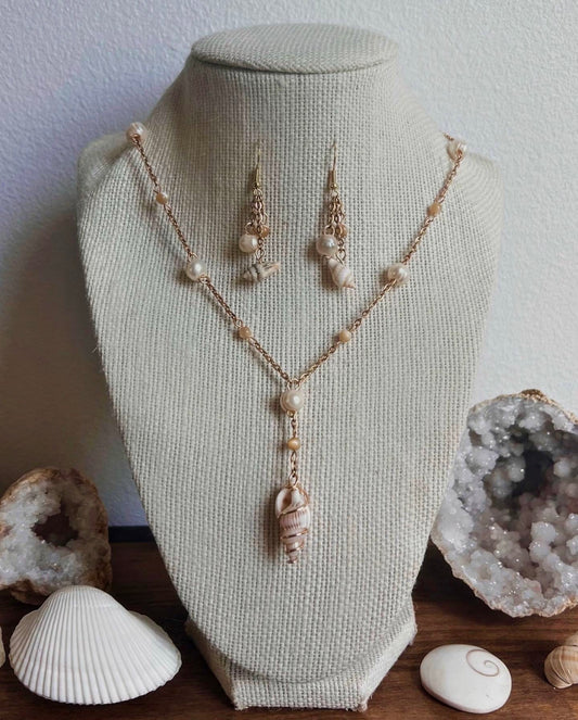 Handmade Athena Seashell Pearl Necklace and Earrings | Beachy Dainty Shell Jewelry | Elegant Pearl Necklace | Mermaid Shell Jewelry Set