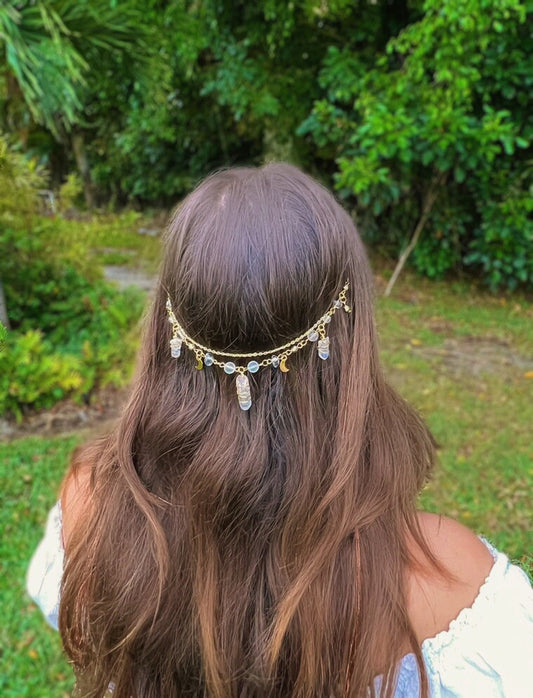 Hectate Crown Crystal Dangling Hair Clip | Clear Quartz Head Jewelry | Fairy Crystal Hair Charm | Unique Gift | Crystal Hair Chain