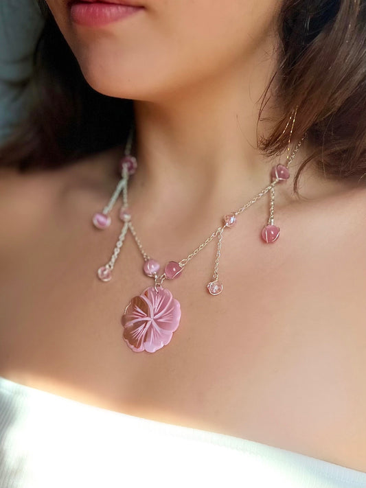 Aloha Pink Necklace Gold/Silver | Unique Hibiscus Jewelry | Mother of Pearl Necklace | Elegant Statement Piece | Flower Necklace
