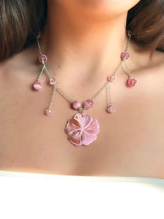 Aloha Pink Necklace Gold/Silver | Unique Hibiscus Jewelry | Mother of Pearl Necklace | Elegant Statement Piece | Flower Necklace