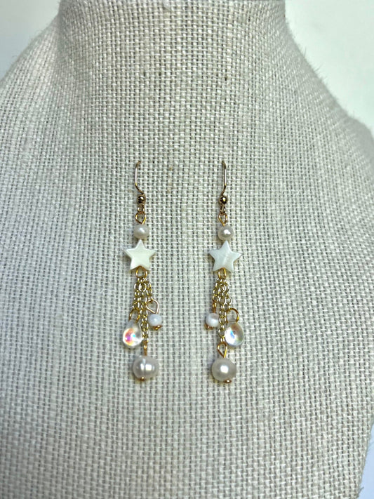 White Dangle Star Crystal Earrings | Custom Crystal Earrings | Gold/Silver Hippie Crystal Earrings l Pearl Dangly Earrings