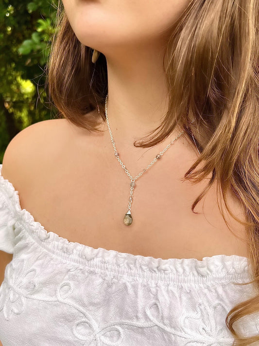 Natural Labradorite Teardrop Necklace | Dainty Labradorite Necklace | Sterling Silver & Gold Delicate Drop Necklace | Handmade | Affordable