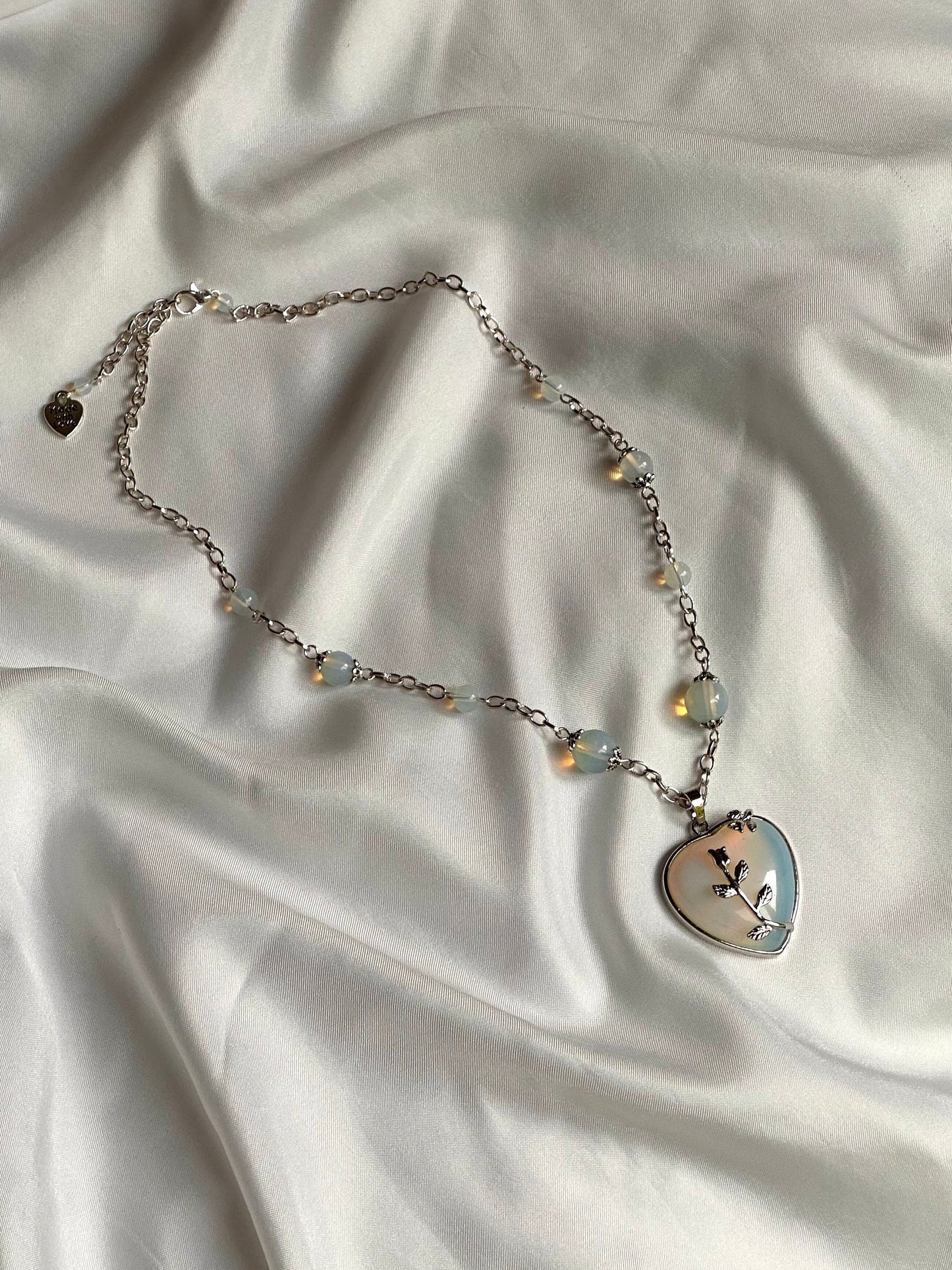 Ophelia’s Heart Necklace, Chunky Silver Heart Pendant, Valentine’s Day Heart Necklace, Opalite Birthstone Necklace, Heart Statement Necklace