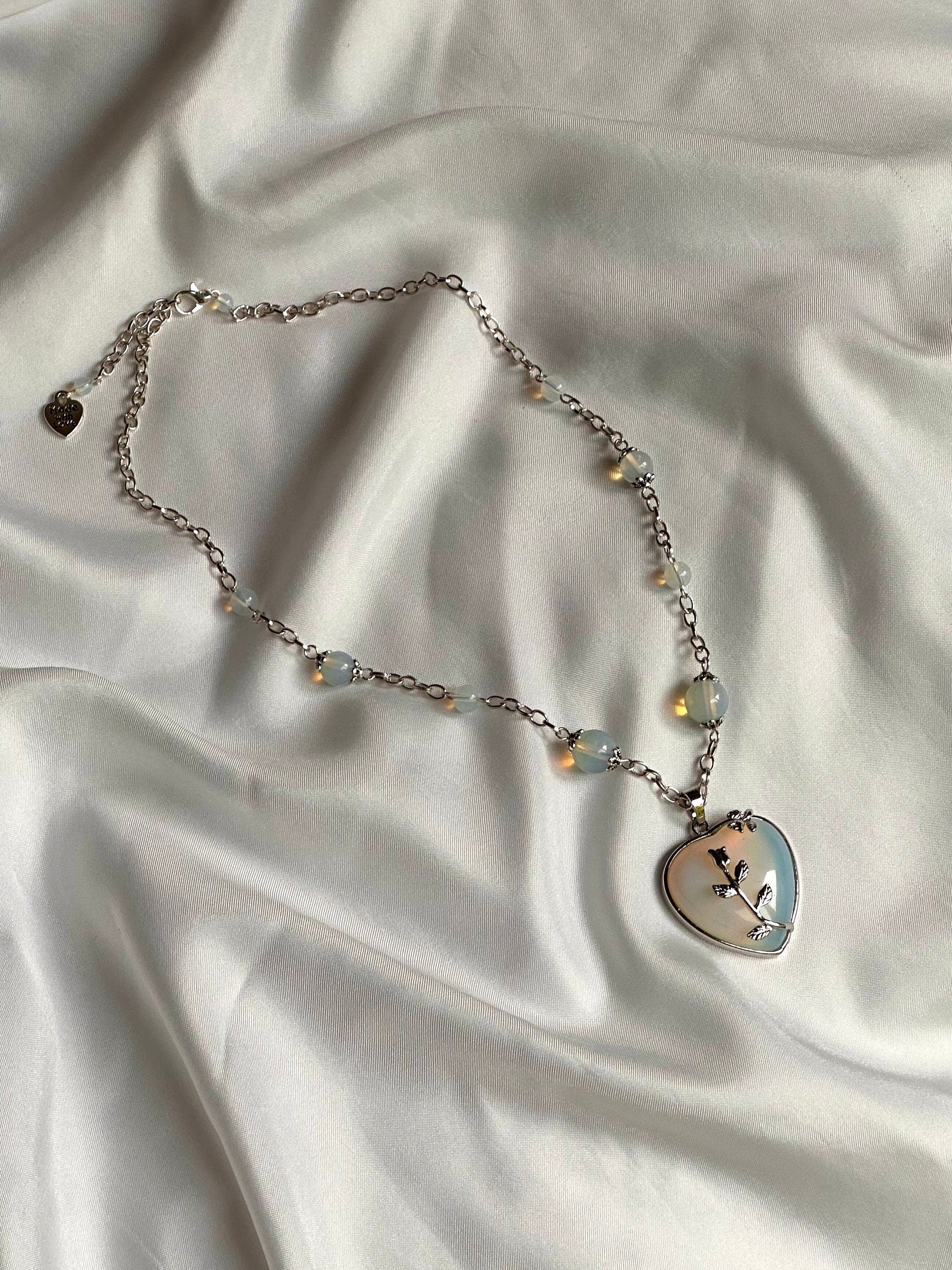 Ophelia’s Heart Necklace, Chunky Silver Heart Pendant, Valentine’s Day Heart Necklace, Opalite Birthstone Necklace, Heart Statement Necklace