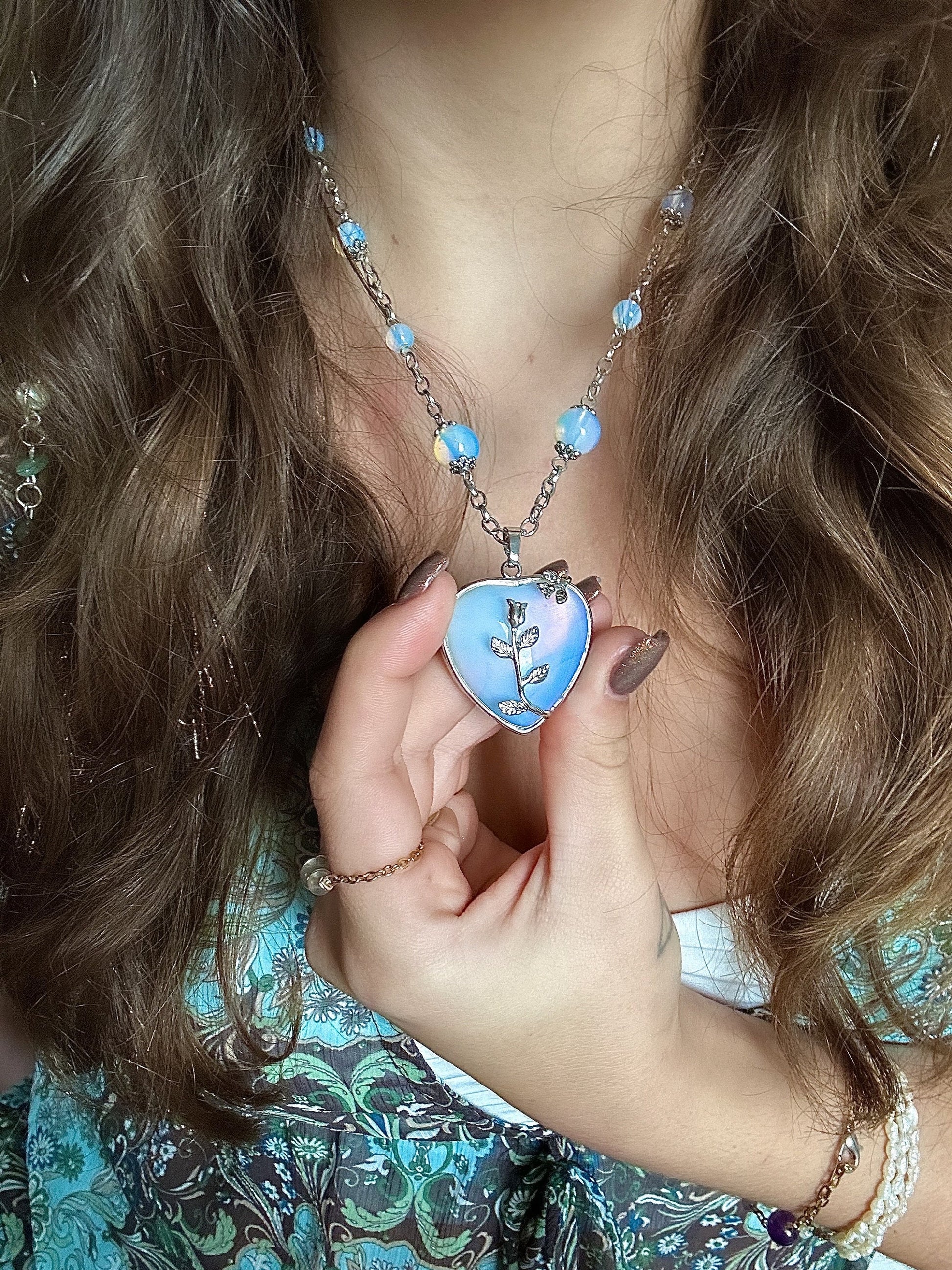 Ophelia’s Heart Necklace, Chunky Silver Heart Pendant, Valentine’s Day Heart Necklace, Opalite Birthstone Necklace, Heart Statement Necklace