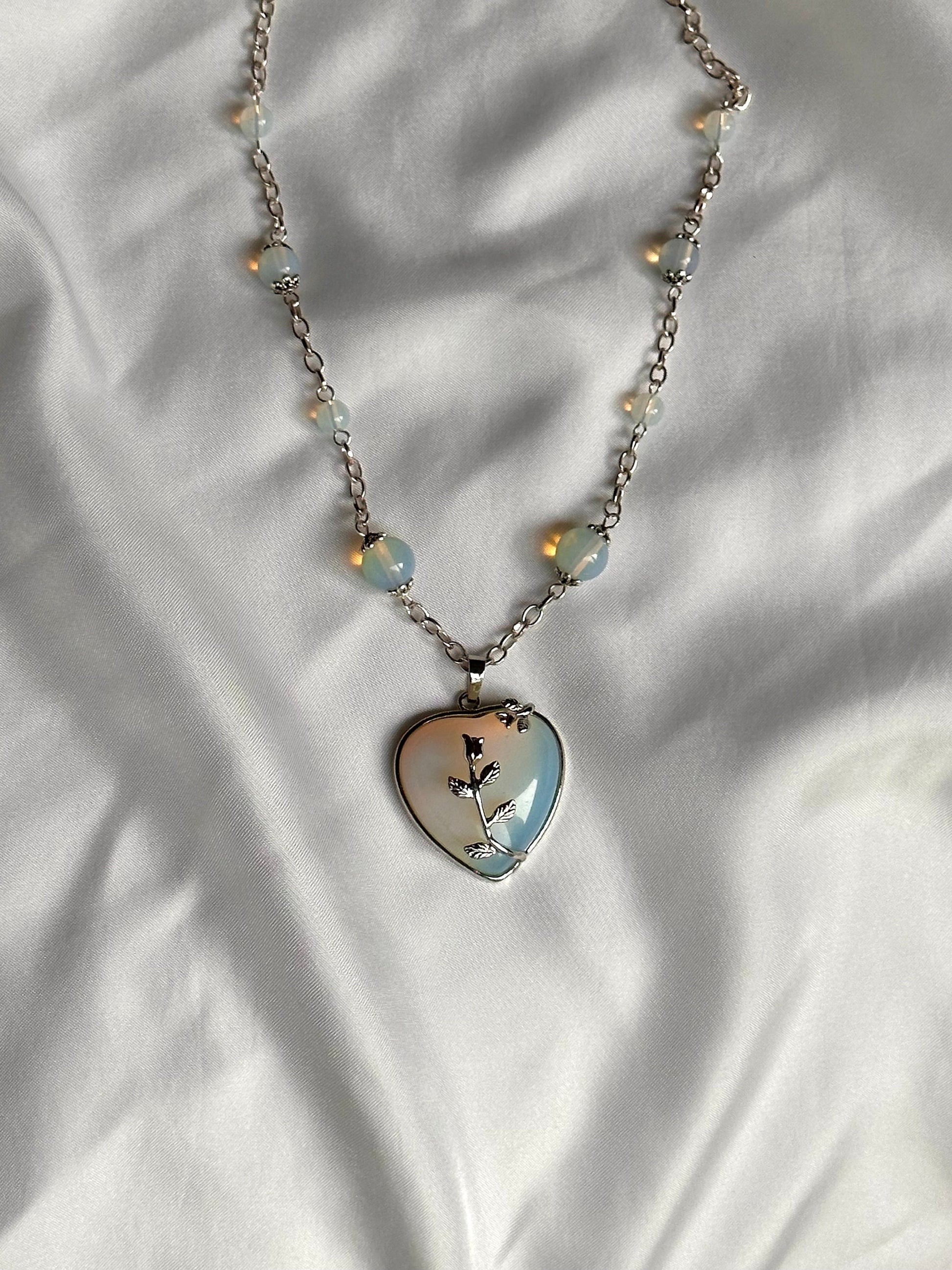 Ophelia’s Heart Necklace, Chunky Silver Heart Pendant, Valentine’s Day Heart Necklace, Opalite Birthstone Necklace, Heart Statement Necklace