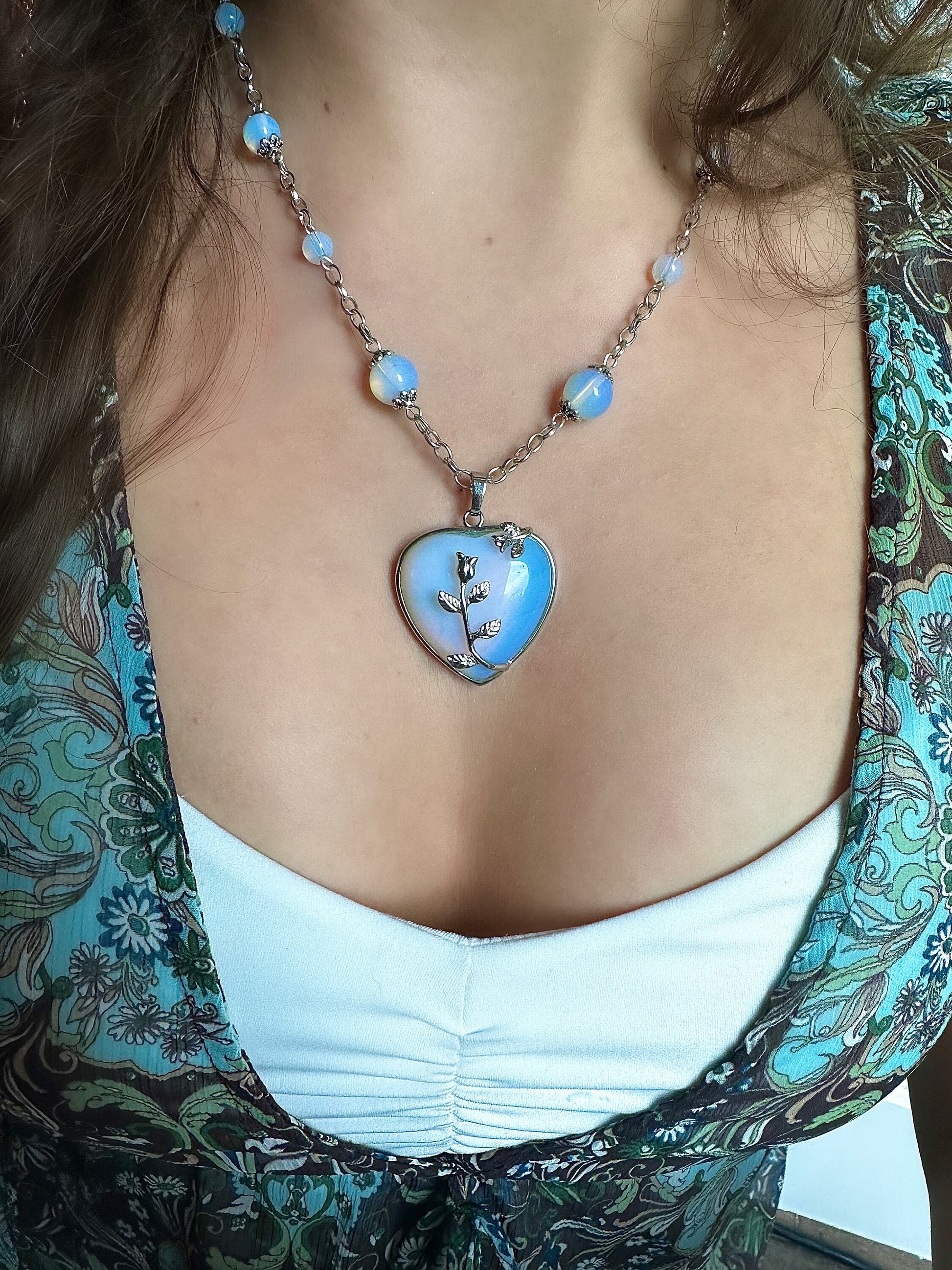 Ophelia’s Heart Necklace, Chunky Silver Heart Pendant, Valentine’s Day Heart Necklace, Opalite Birthstone Necklace, Heart Statement Necklace