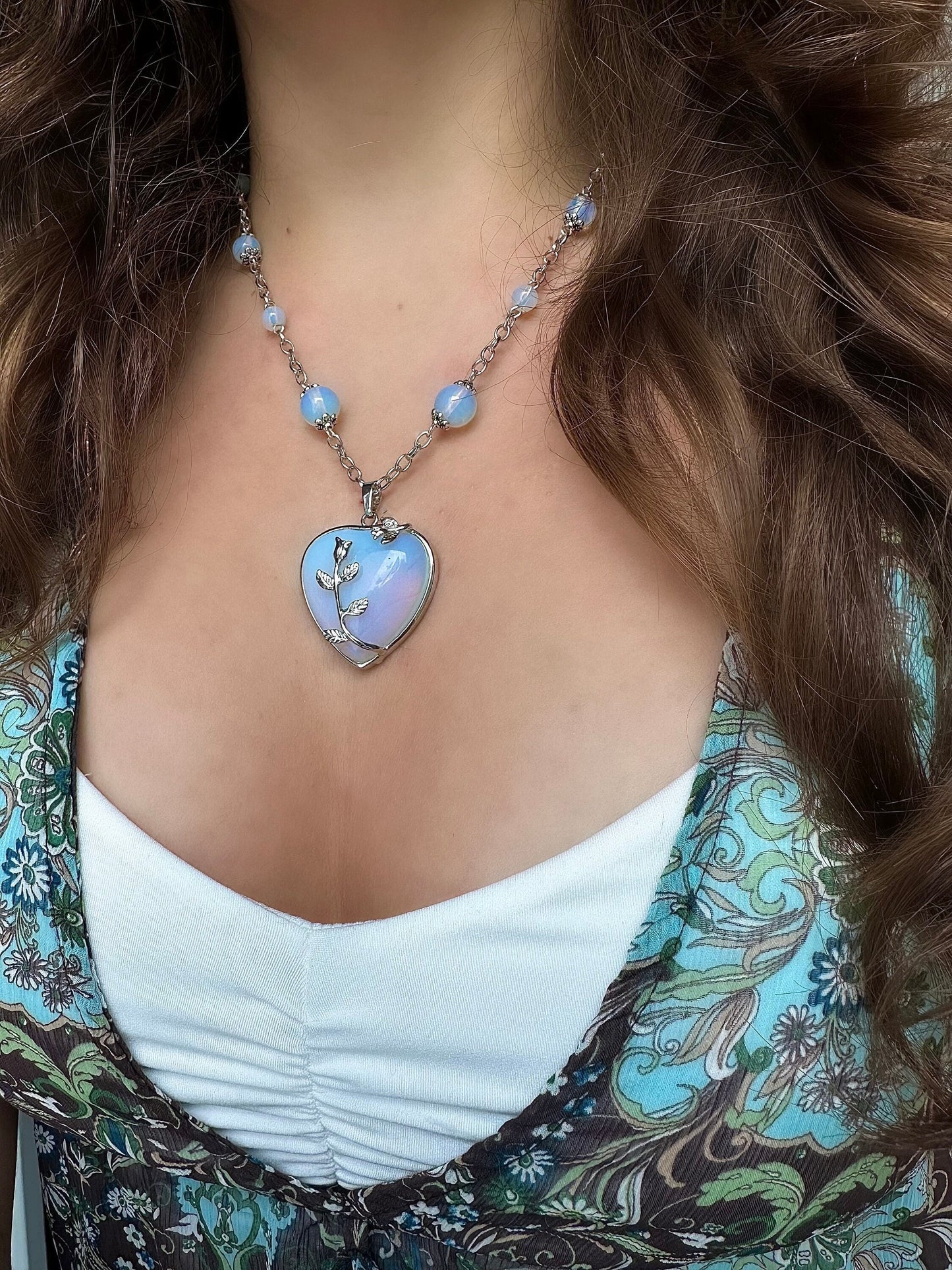 Ophelia’s Heart Necklace, Chunky Silver Heart Pendant, Valentine’s Day Heart Necklace, Opalite Birthstone Necklace, Heart Statement Necklace
