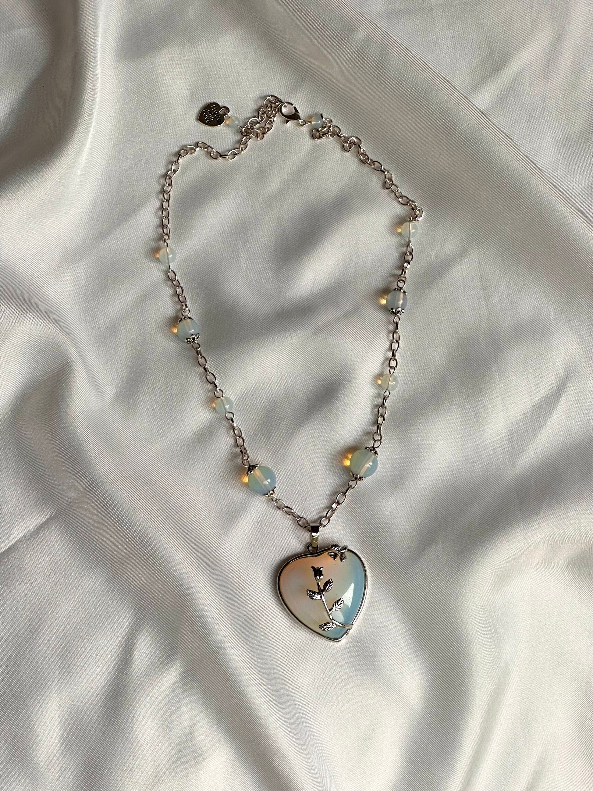 Ophelia’s Heart Necklace, Chunky Silver Heart Pendant, Valentine’s Day Heart Necklace, Opalite Birthstone Necklace, Heart Statement Necklace