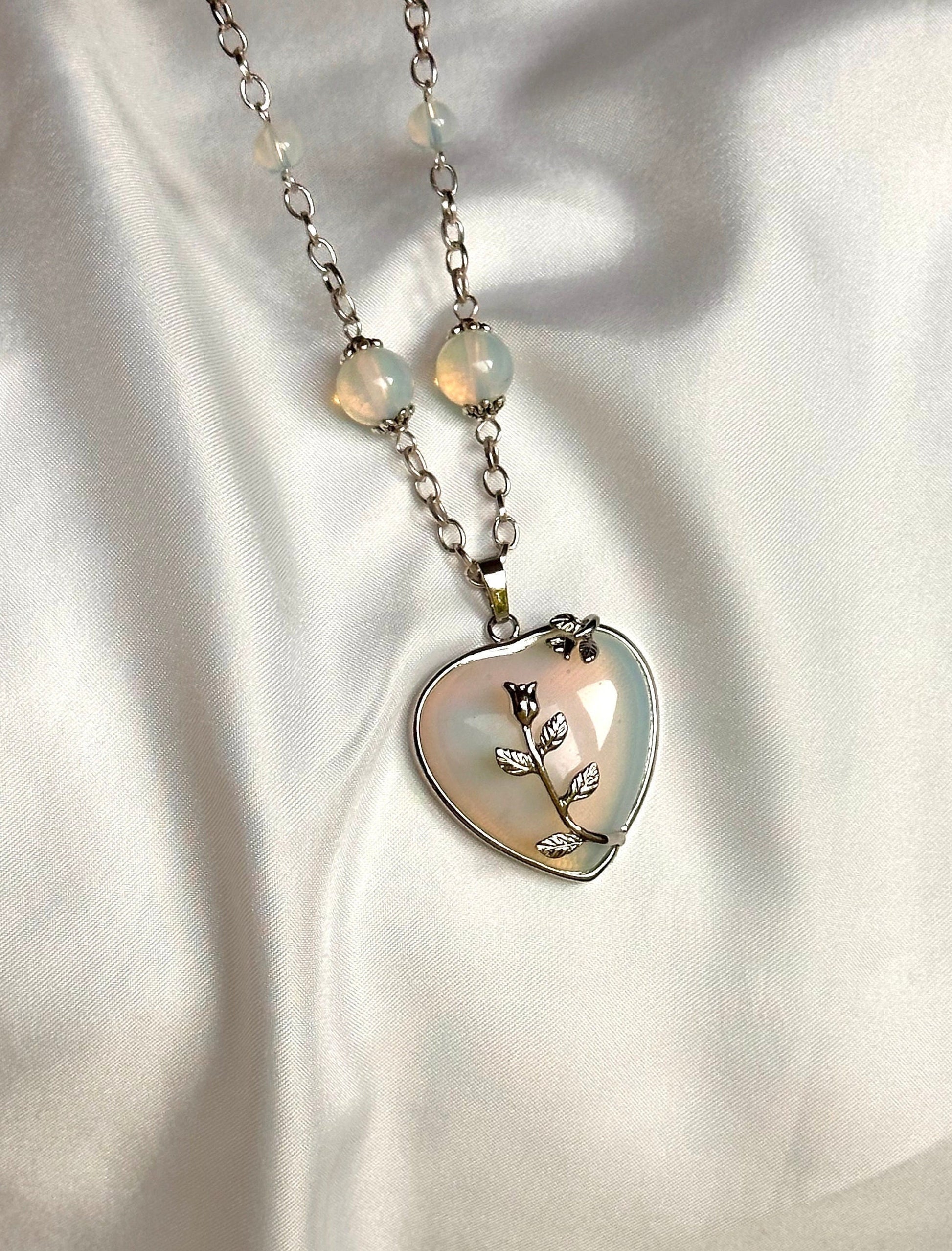 Ophelia’s Heart Necklace, Chunky Silver Heart Pendant, Valentine’s Day Heart Necklace, Opalite Birthstone Necklace, Heart Statement Necklace