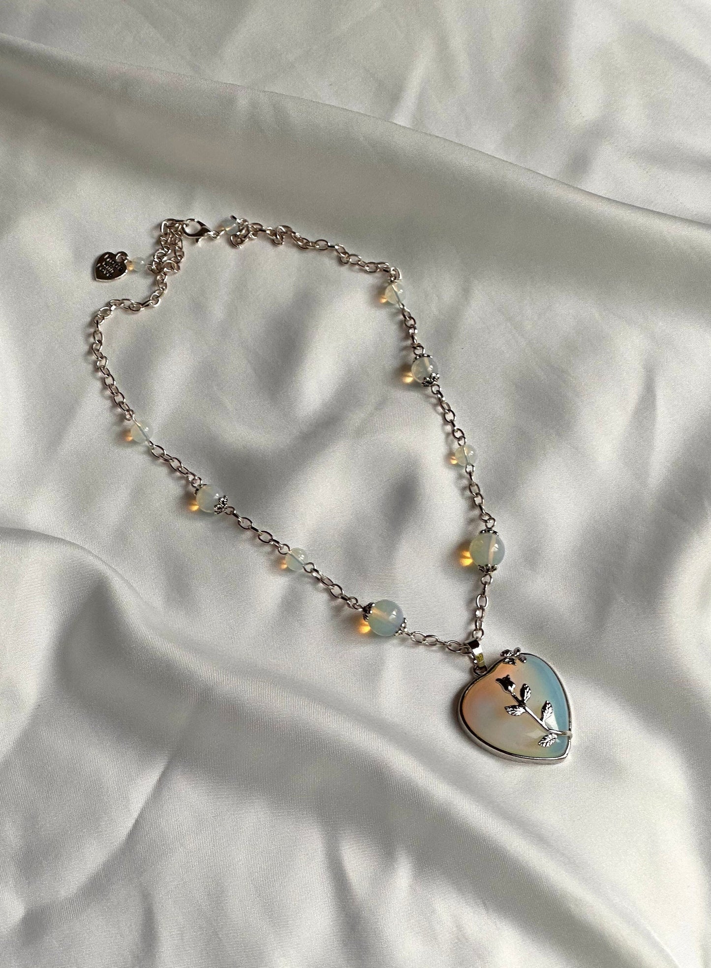 Ophelia’s Heart Necklace, Chunky Silver Heart Pendant, Valentine’s Day Heart Necklace, Opalite Birthstone Necklace, Heart Statement Necklace