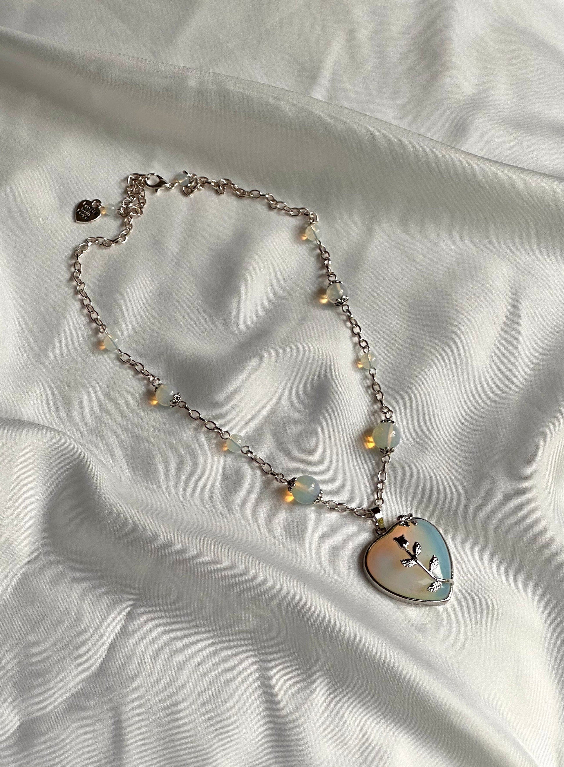 Ophelia’s Heart Necklace, Chunky Silver Heart Pendant, Valentine’s Day Heart Necklace, Opalite Birthstone Necklace, Heart Statement Necklace